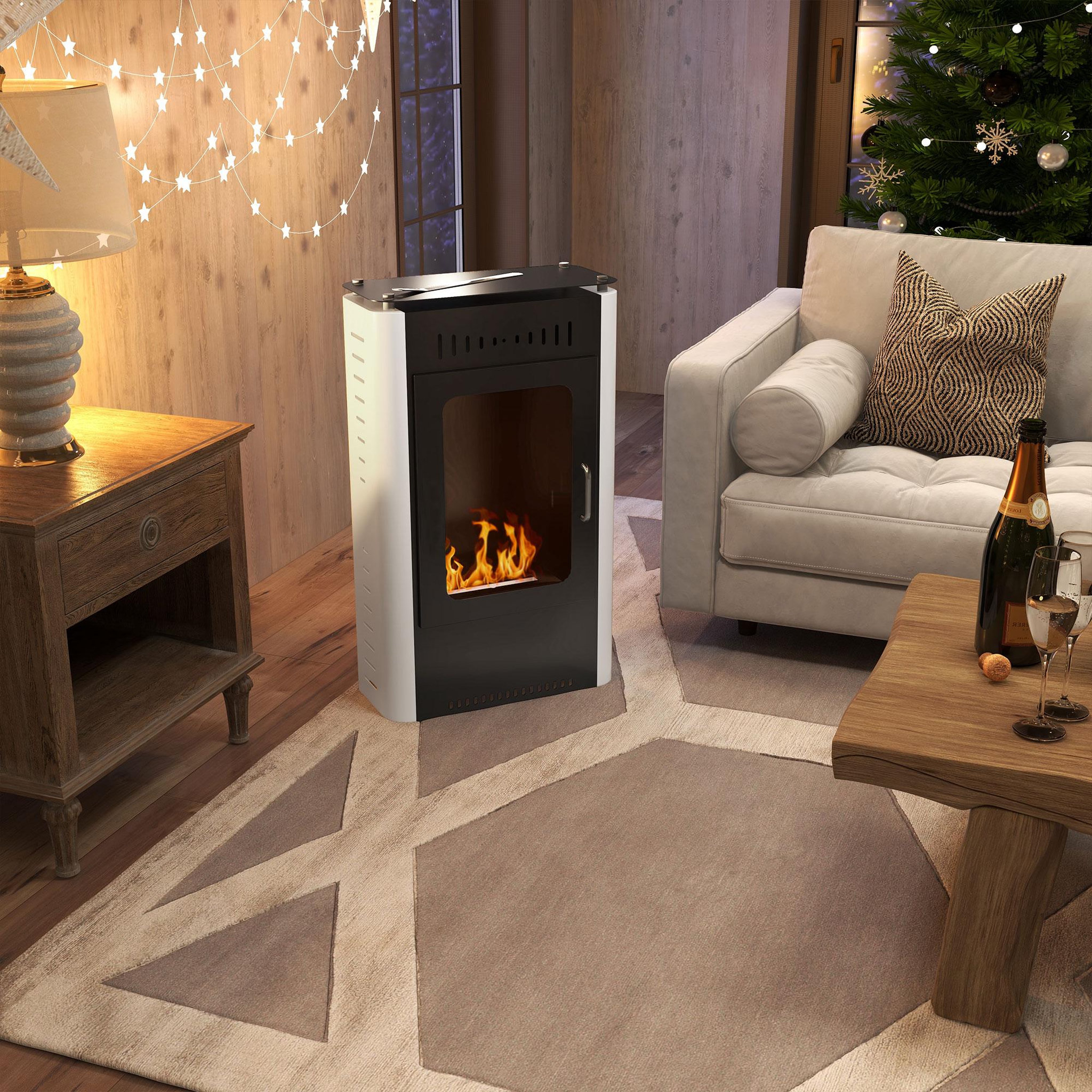 Voir la diapositive 2 : HOMCOM Cheminée bioéthanol design contemporain - étagère - brûleur 1,2 l - contrôle de flamme et manche inclus - acier noir blanc