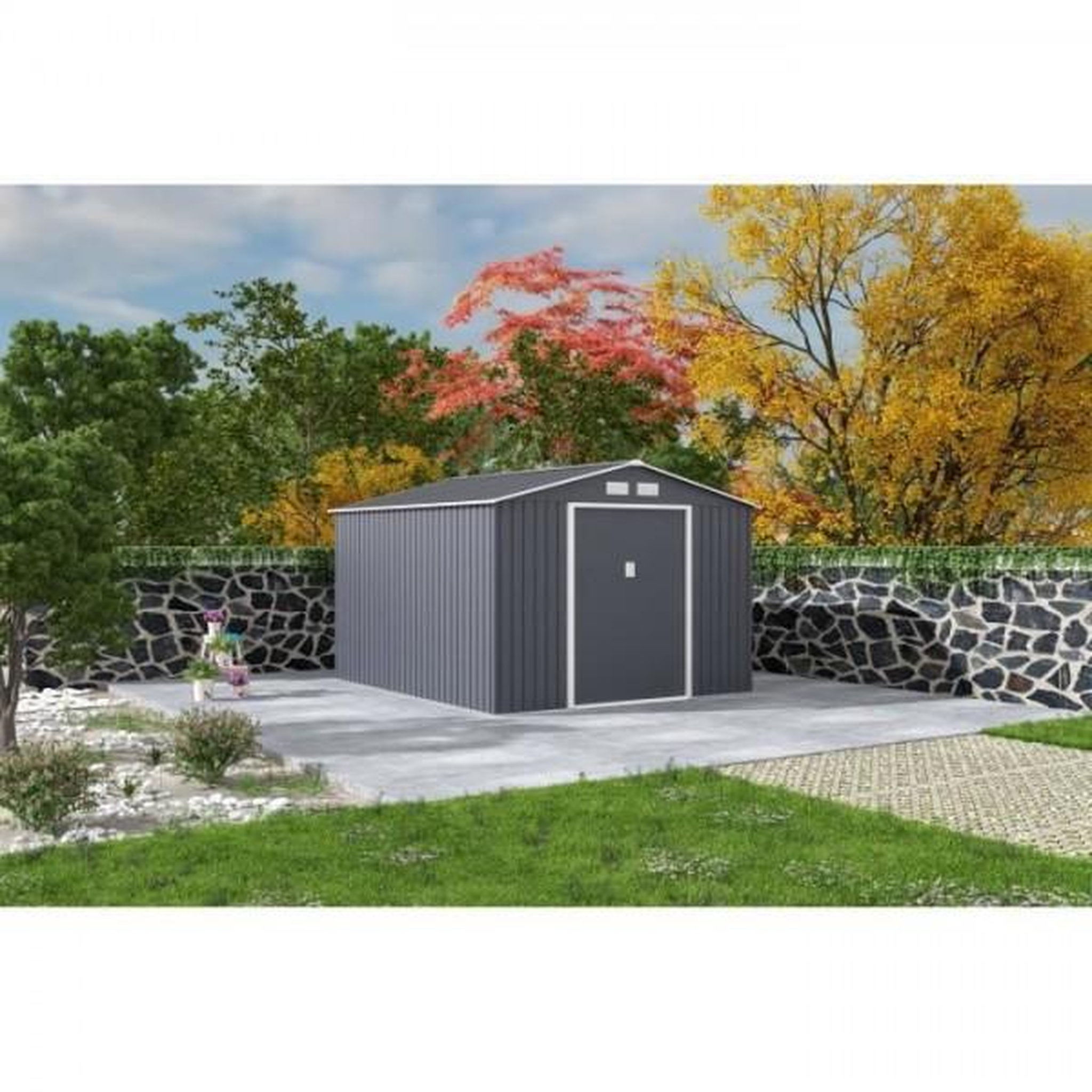 Voir la diapositive 2 : MARKET24 URANUS Abri de jardin en métal 8,84 m² - 277 x 319 x 202 cm - Kit d'ancrage inclus, 2 portes coulissantes - Gris