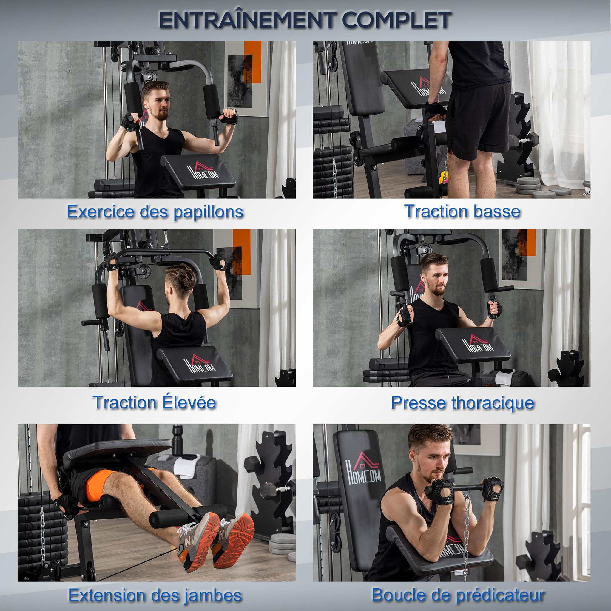 Voir la diapositive 4 : HOMCOM Station de musculation - entrainement complet - développé couché, butterfly, barre latissimus, curler, bande résistance - 11 contrepoids - acier noir