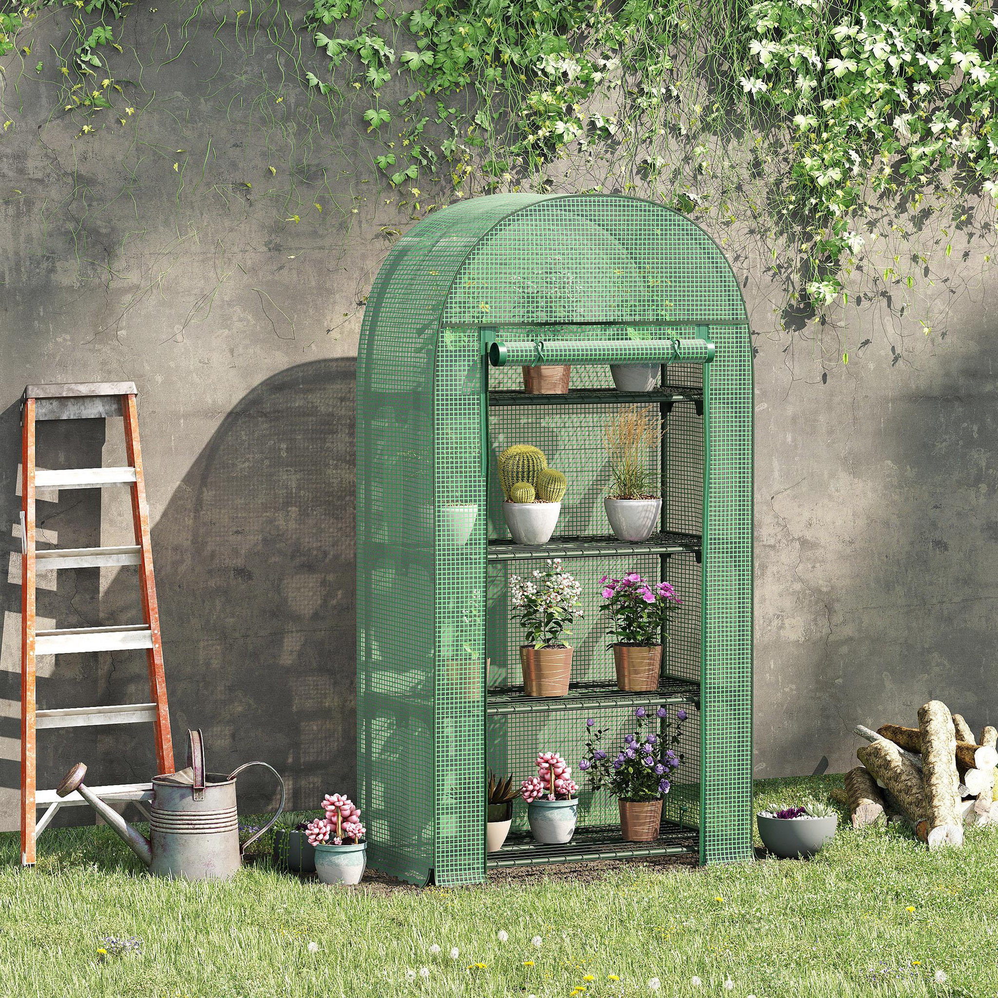 Voir la diapositive 2 : OUTSUNNY Serre de jardin serre de balcon 4 étagères métal porte zippée enroulable 80 x 49 x 160 cm pe vert