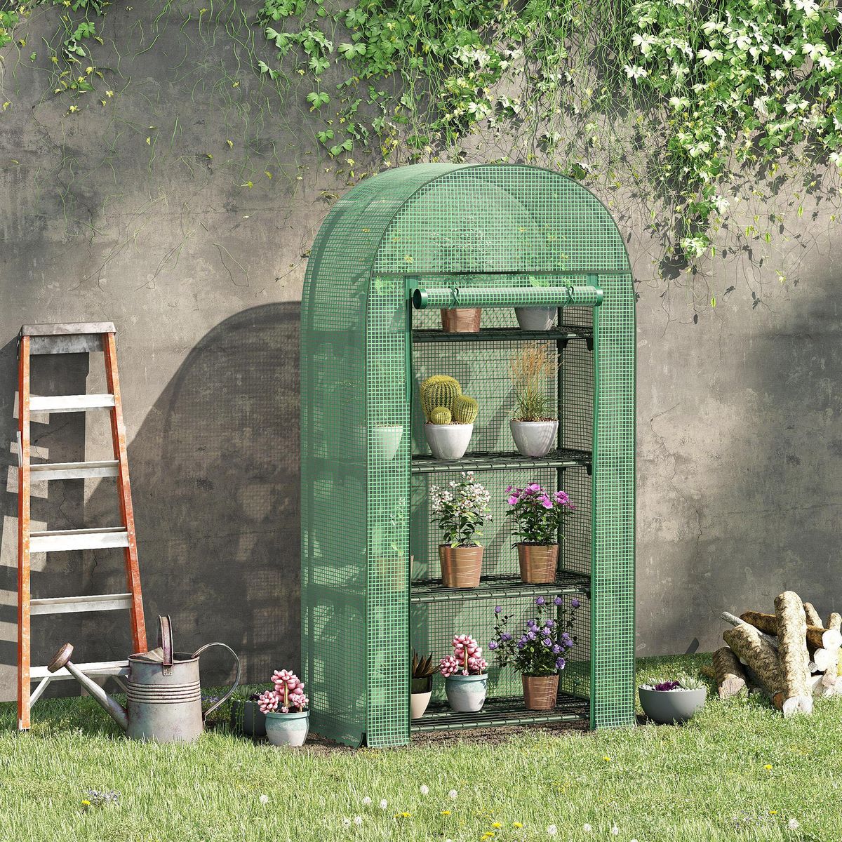 OUTSUNNY Serre de jardin serre de balcon 4 étagères métal porte zippée enroulable 80 x 49 x 160 cm PE vert