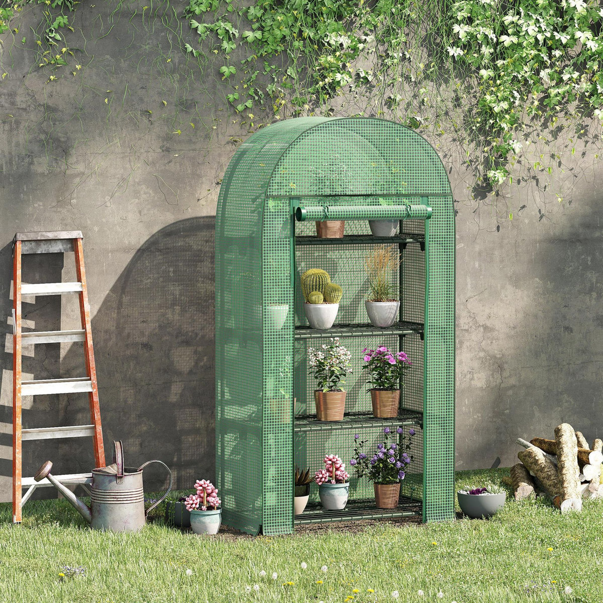 OUTSUNNY Serre de jardin serre de balcon 4 étagères métal porte zippée enroulable 80 x 49 x 160 cm PE vert