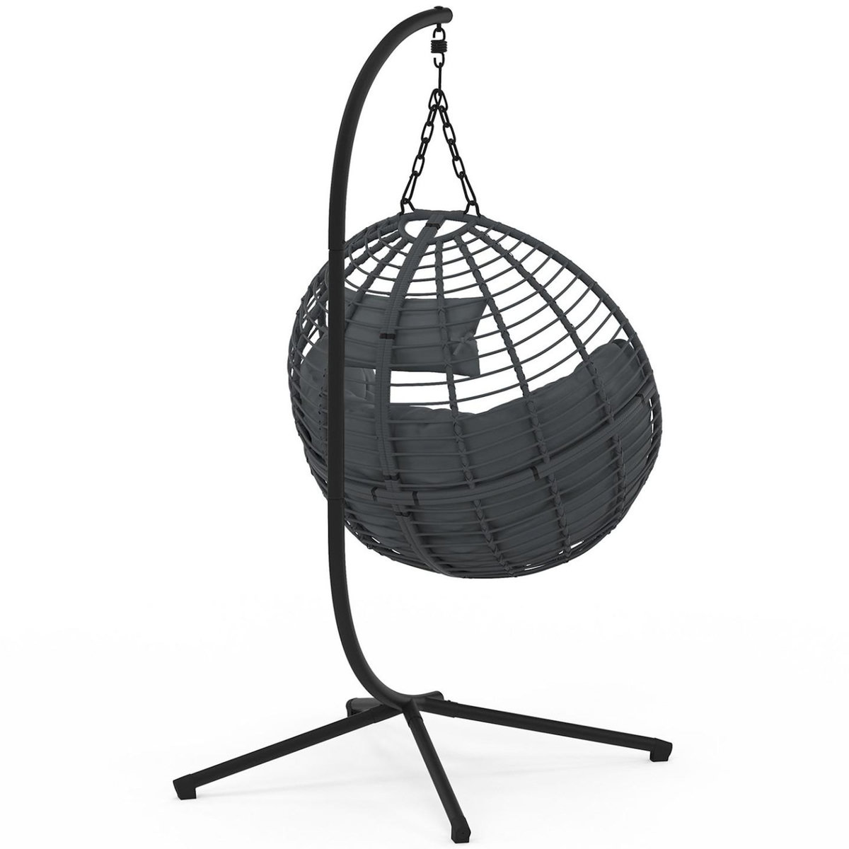 ID MARKET Fauteuil rond suspendu ajouré effet rotin gris avec coussin gris