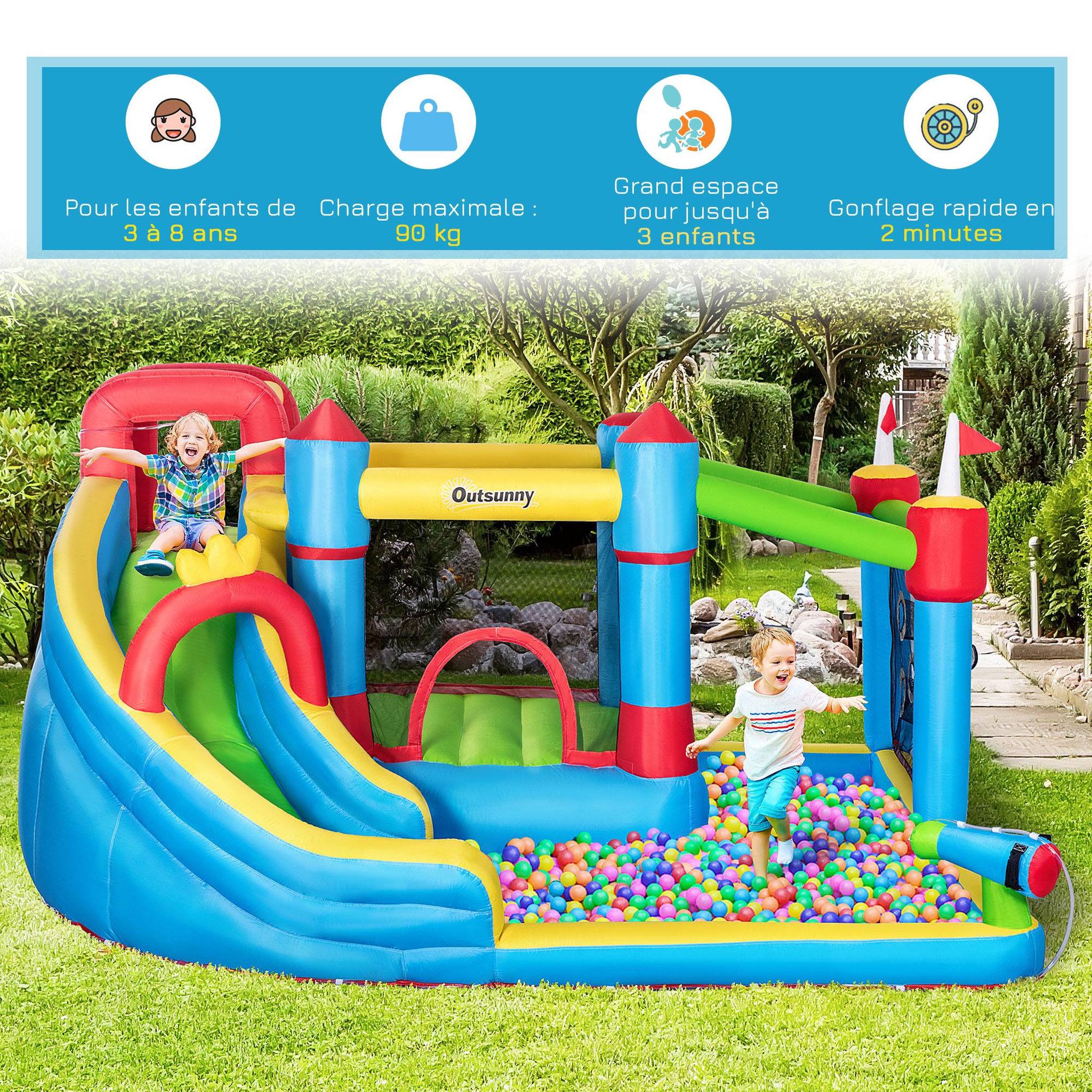 Voir la diapositive 5 : OUTSUNNY Château gonflable structure gonflable aire de jeux 3-8 ans avec gonfleur et sac de transport 390 x 300 x 197 cm - multicolore