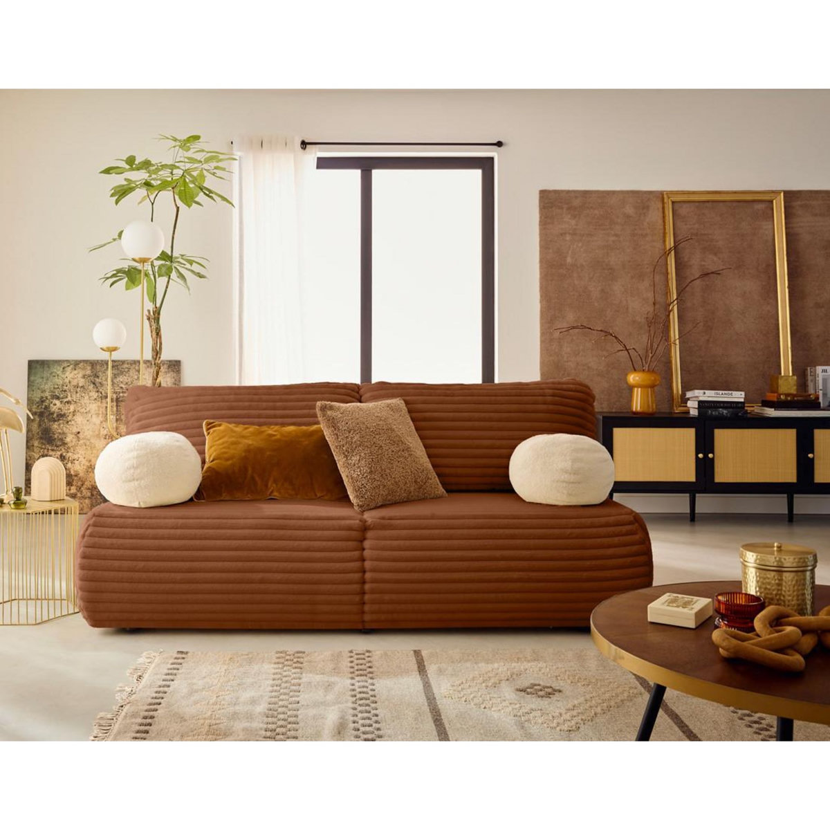 BEST MOBILIER Marvin - canapé 3 places convertible et coffre en fausse fourrure côtelée avec 2 coussins boule inclus