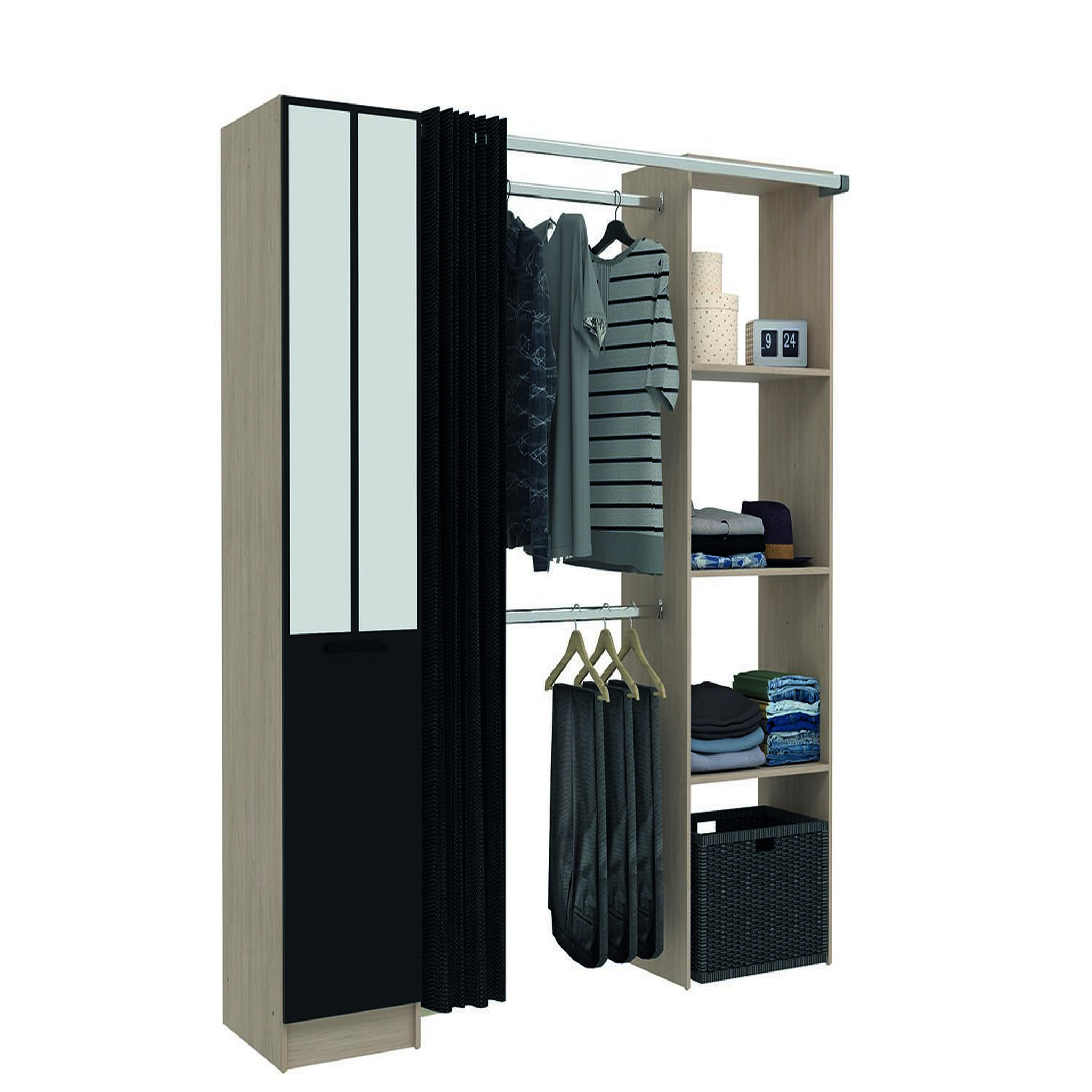 Voir la diapositive 3 : CONCEPT USINE Dressing industriel bois avec rideau noir et 2 penderies et 6 étagères NICE