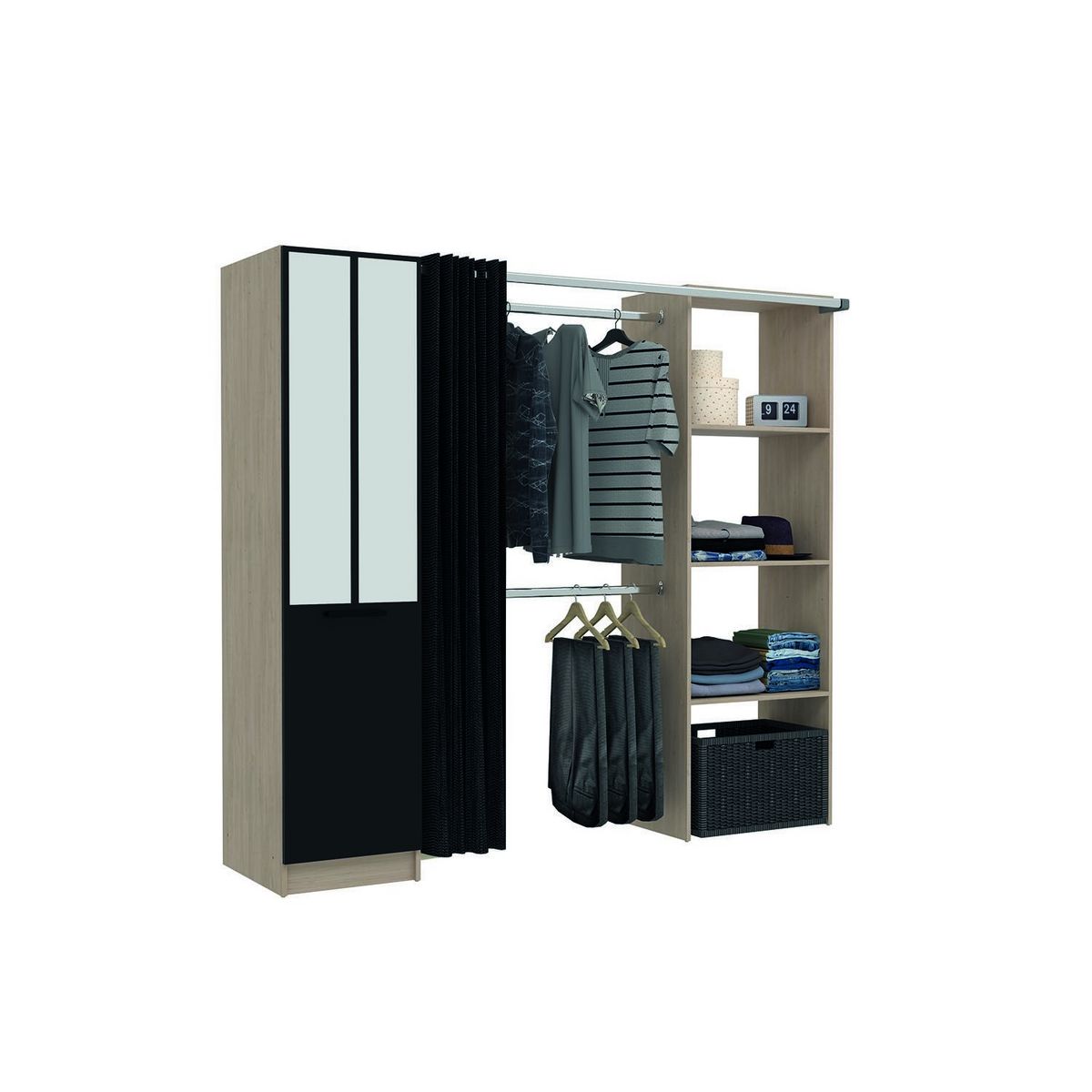 CONCEPT USINE Dressing industriel bois avec rideau noir et 2 penderies et 6 étagères NICE