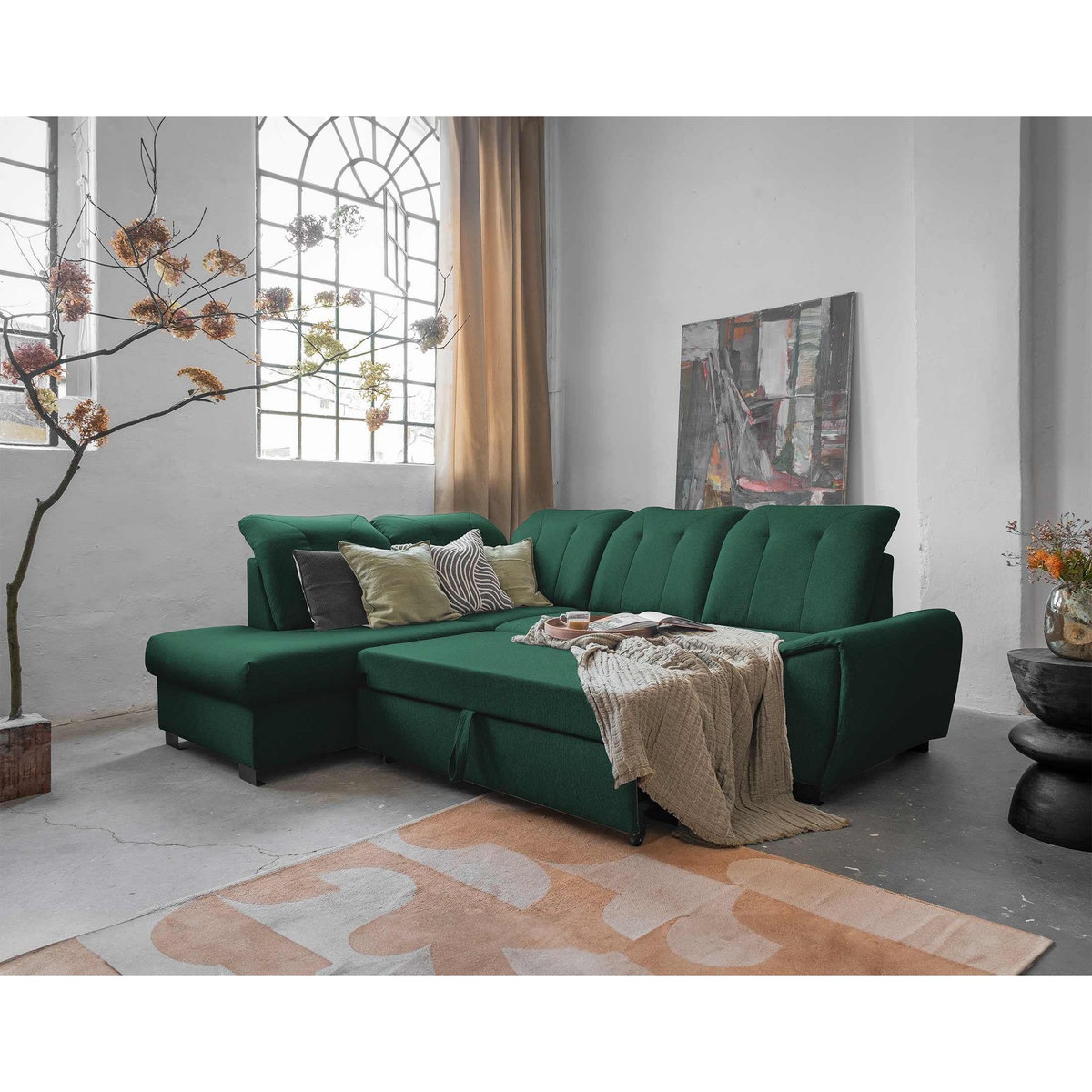 BEST MOBILIER Paul - canapé d'angle gauche - 5 places - convertible avec coffre et têtières - en tissu