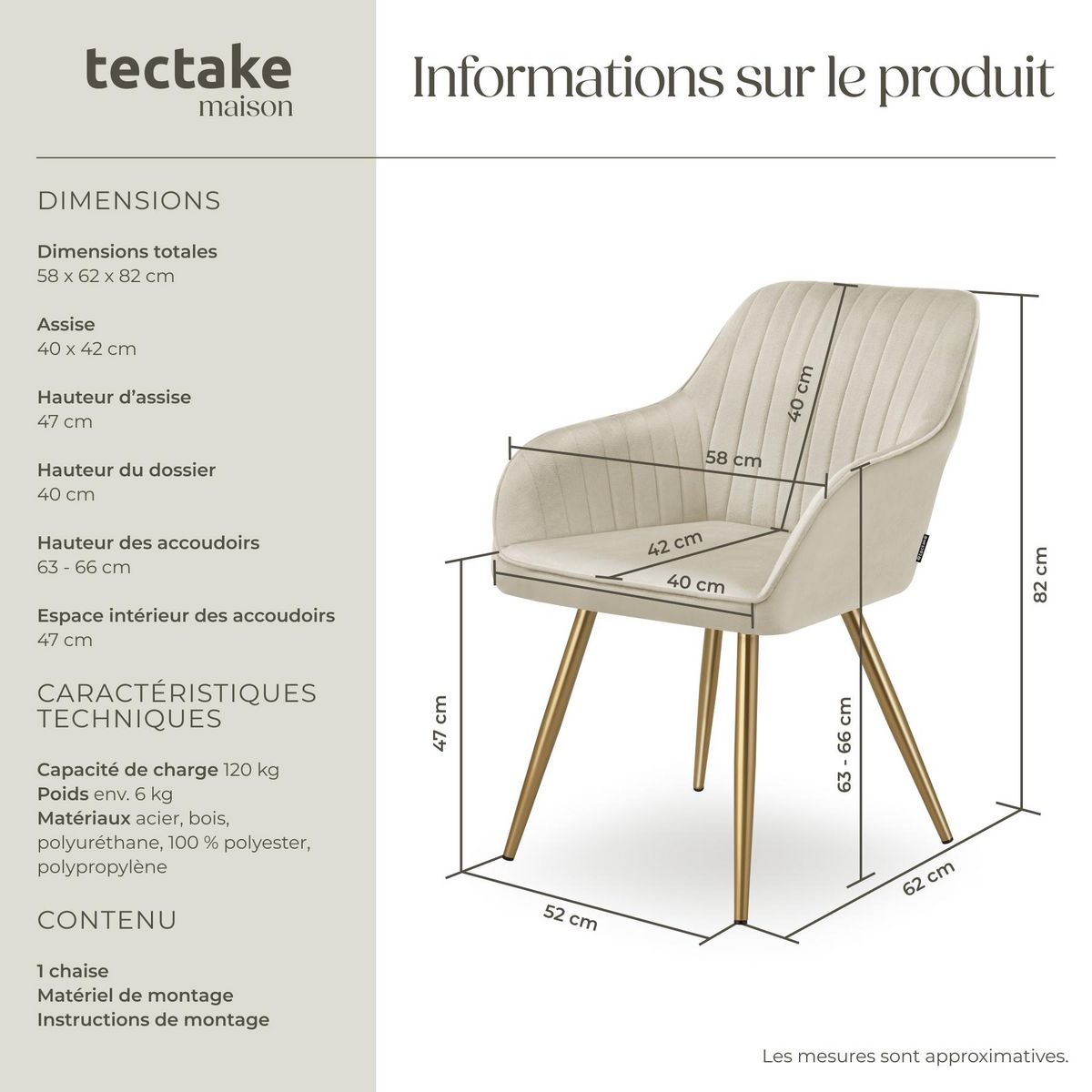 tectake Chaise de salle à manger en velours matelassé et rembourré crème/or