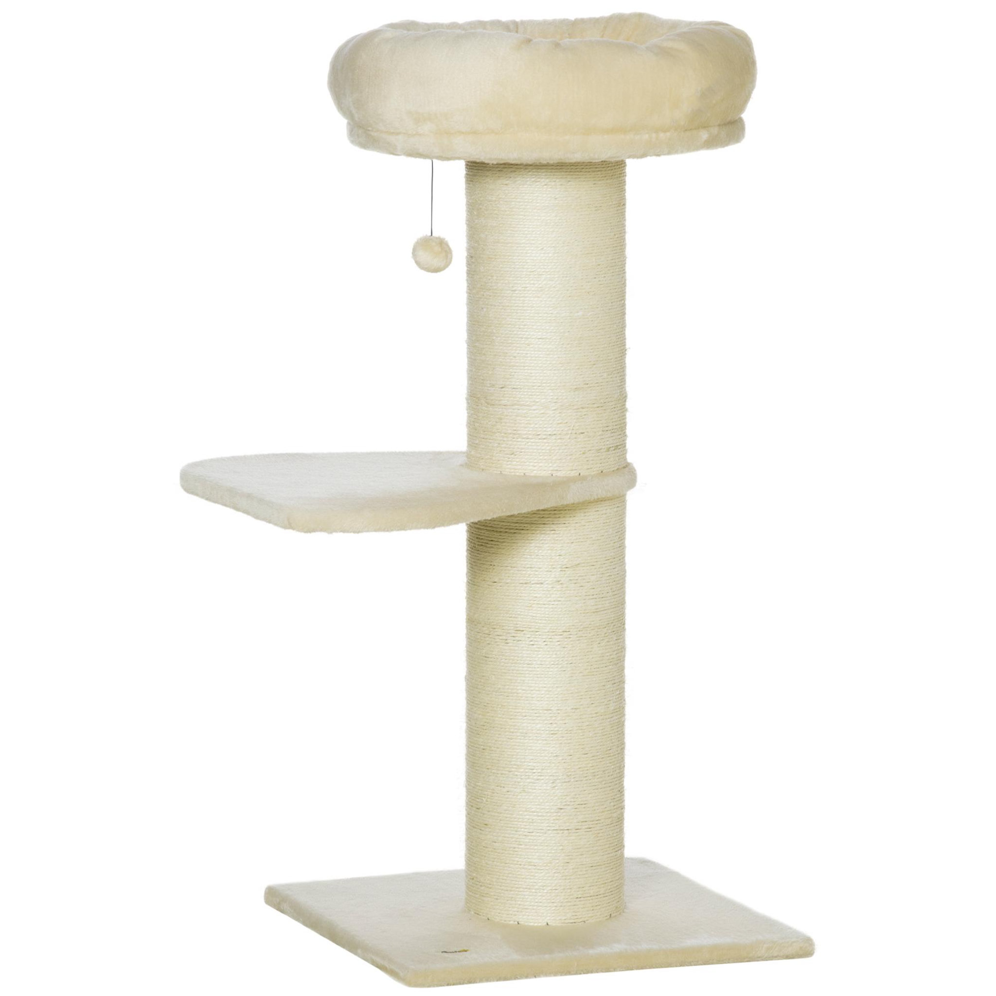 PAWHUT Arbre à chat griffoir sisal naturel 2 plateforme panier observation jeu boule suspendue peluche beige
