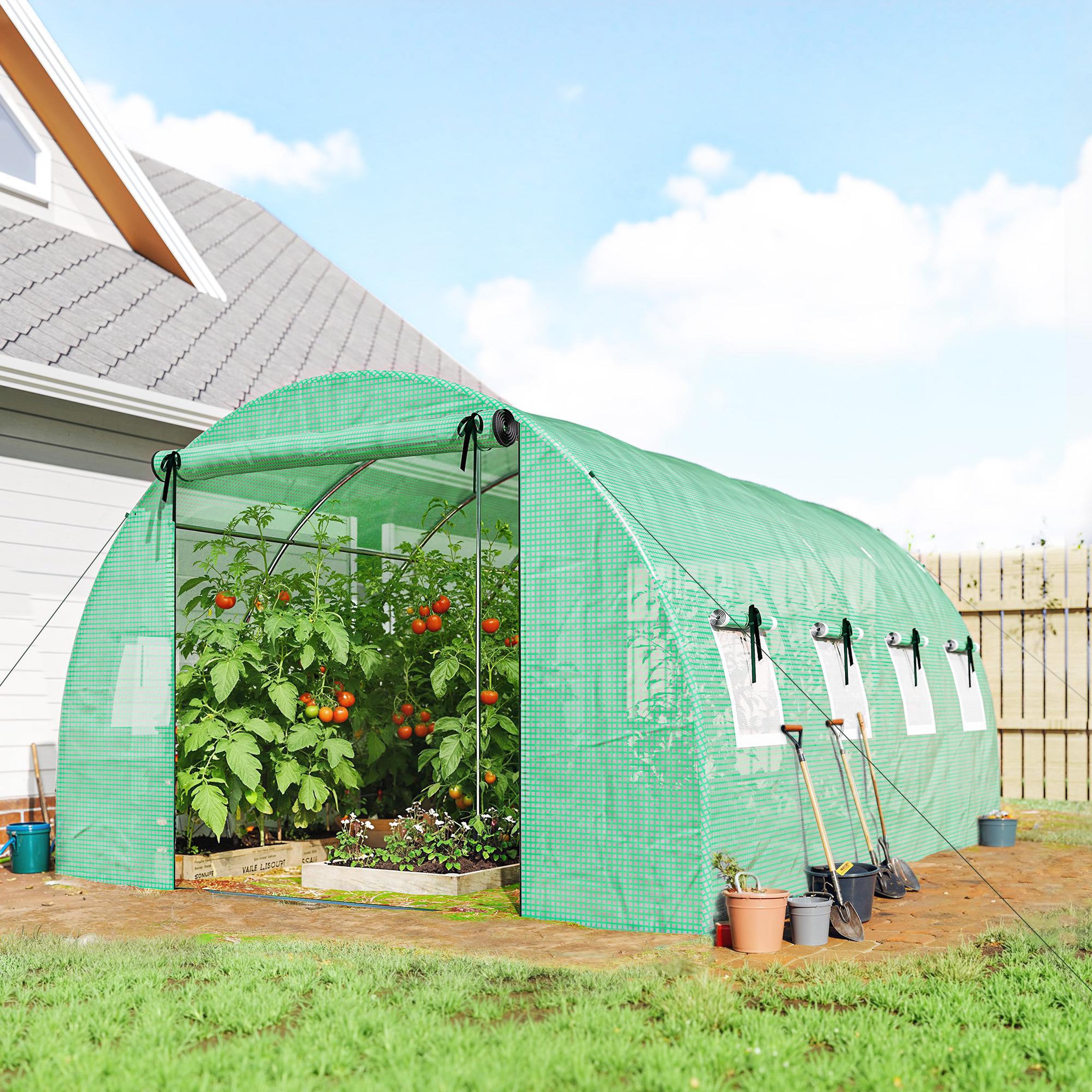 Voir la diapositive 6 : OUTSUNNY Serre tunnel de jardin - 12 m² - bâche pe 140 g/m² - 2 portes et 8 fenêtres - 295x400x200cm - bâche pe 140 g/m² - vert