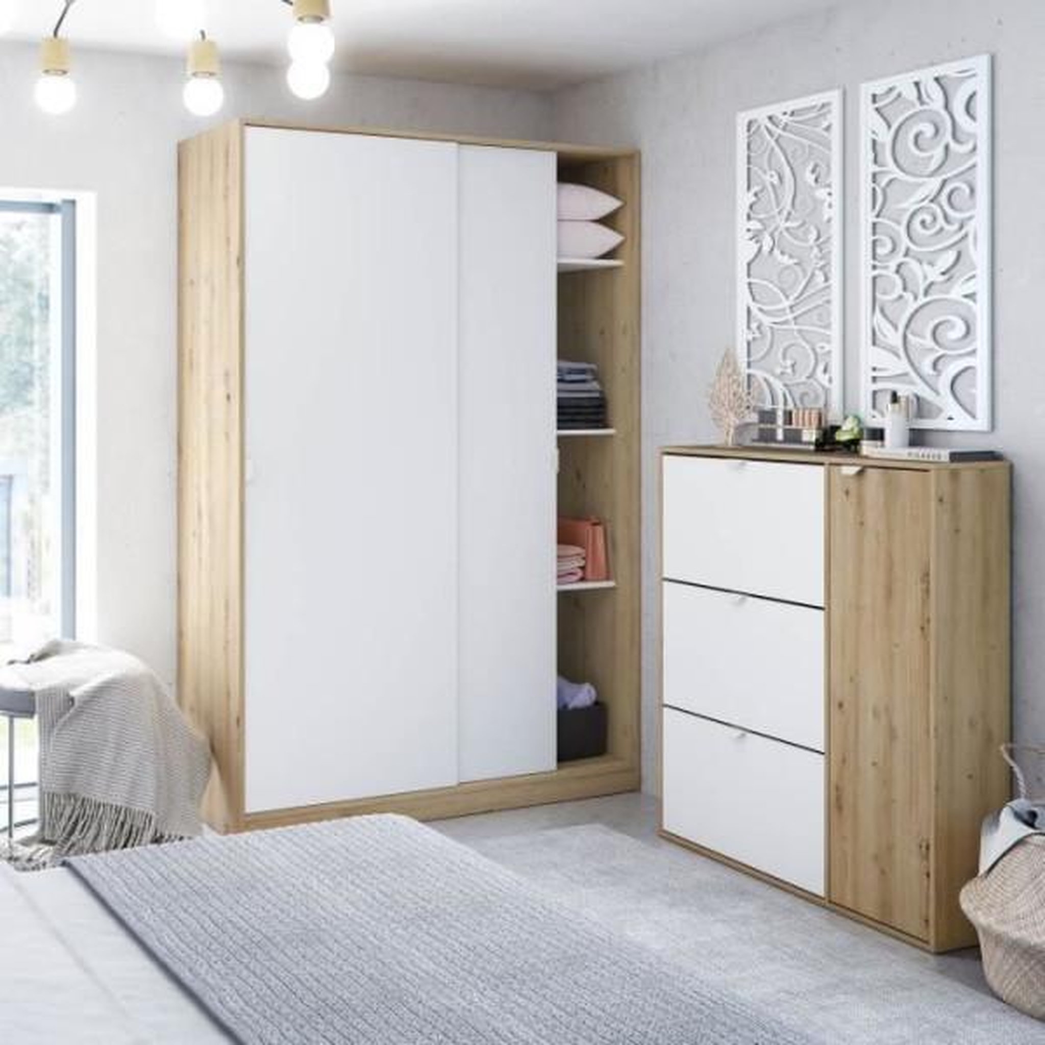 Voir la diapositive 2 : MARKET24 Armoire TOP - Décor chene - 2 Portes coulissantes - L120 x H200 x P50 cm