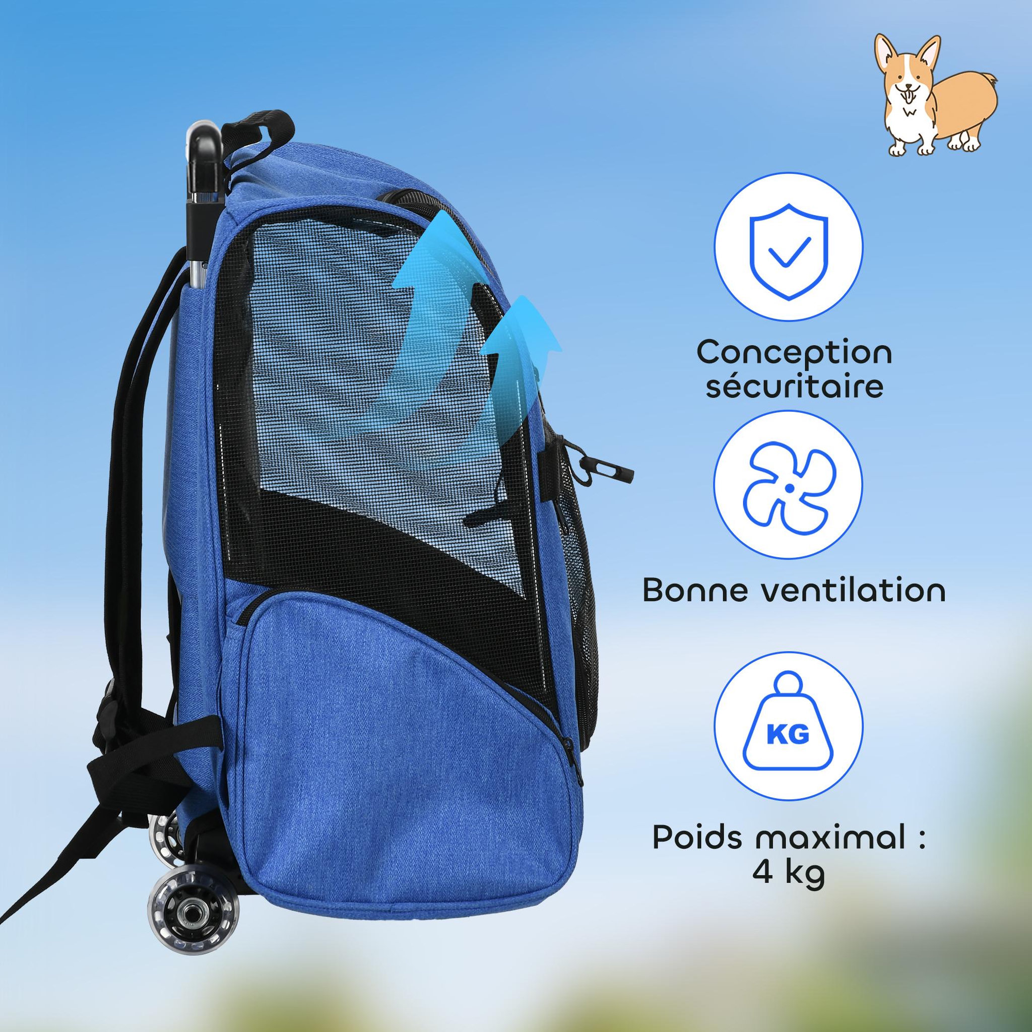 Voir la diapositive 6 : PAWHUT 2 en 1 trolley chariot sac à dos sac de transport à roulettes pour chien chat bleu