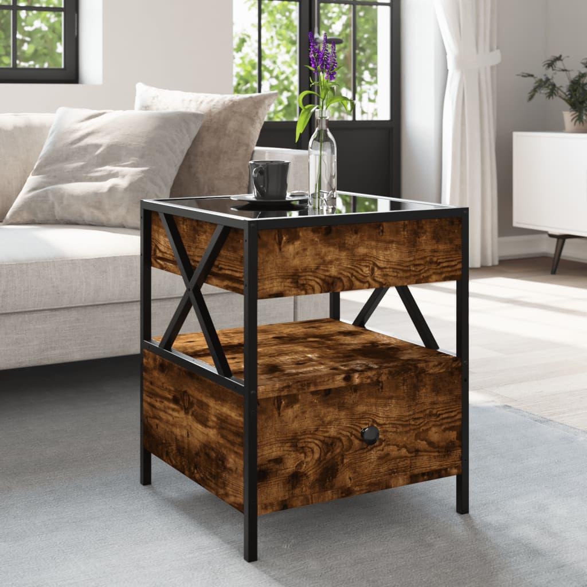 Voir la diapositive 4 : VIDAXL Table basse avec LED Infinity chene fume 40x40x51 cm