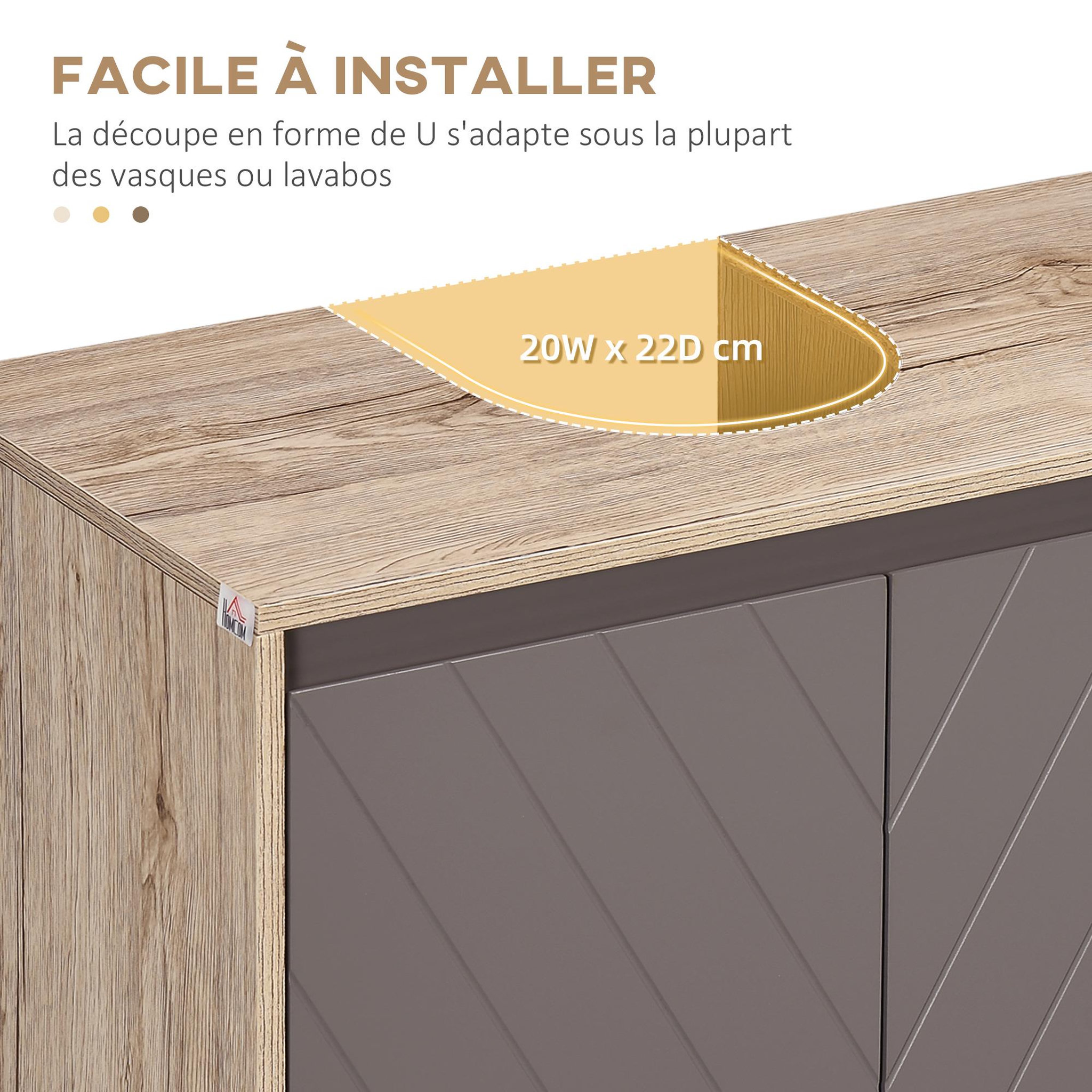 Voir la diapositive 6 : HOMCOM Meuble salle de bain - meuble sous-vasque - placard 2 portes avec étagère - dim. 60L x 30l x 59H cm - panneaux particules chêne clair gris