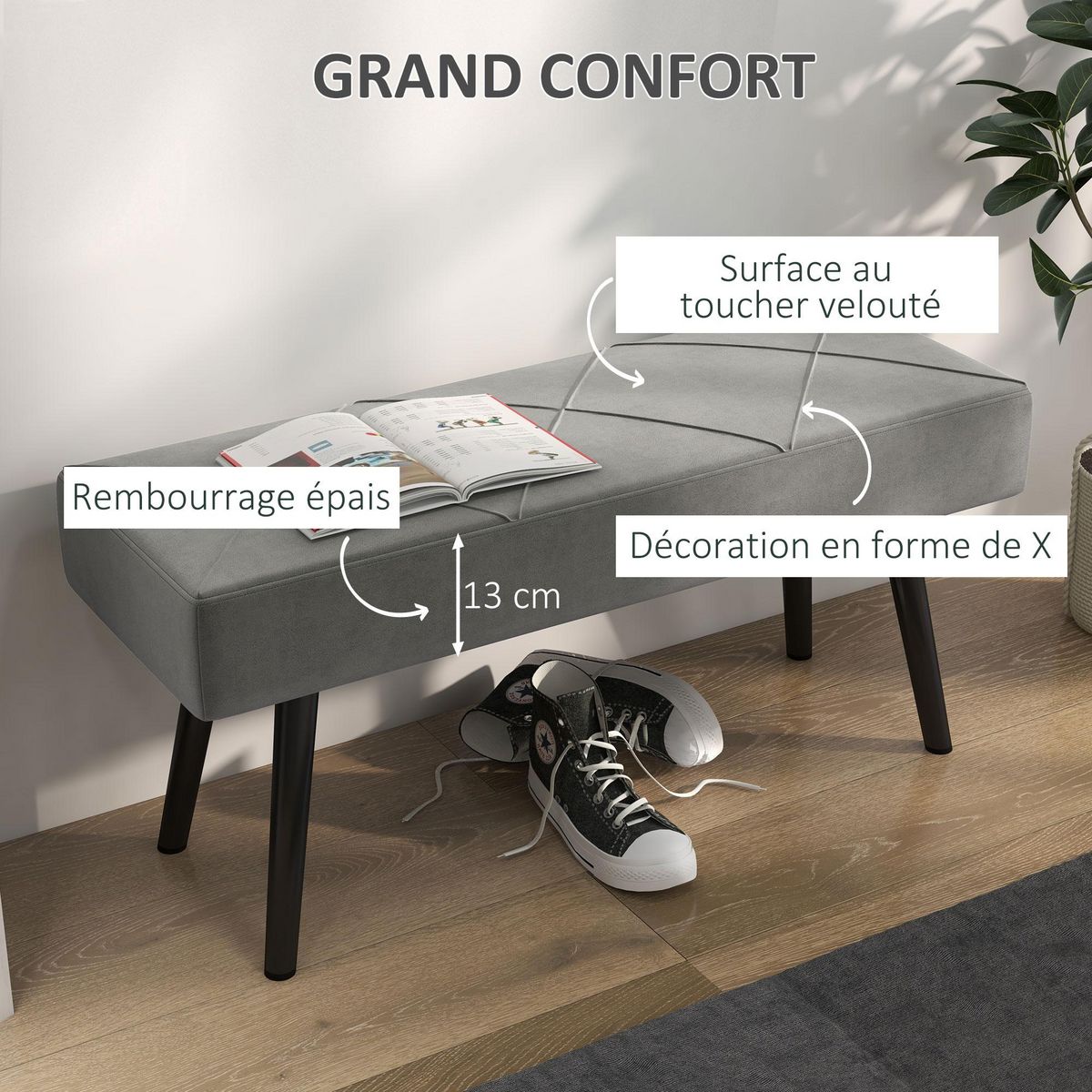 HOMCOM Banquette bout de lit design contemporain noir gris