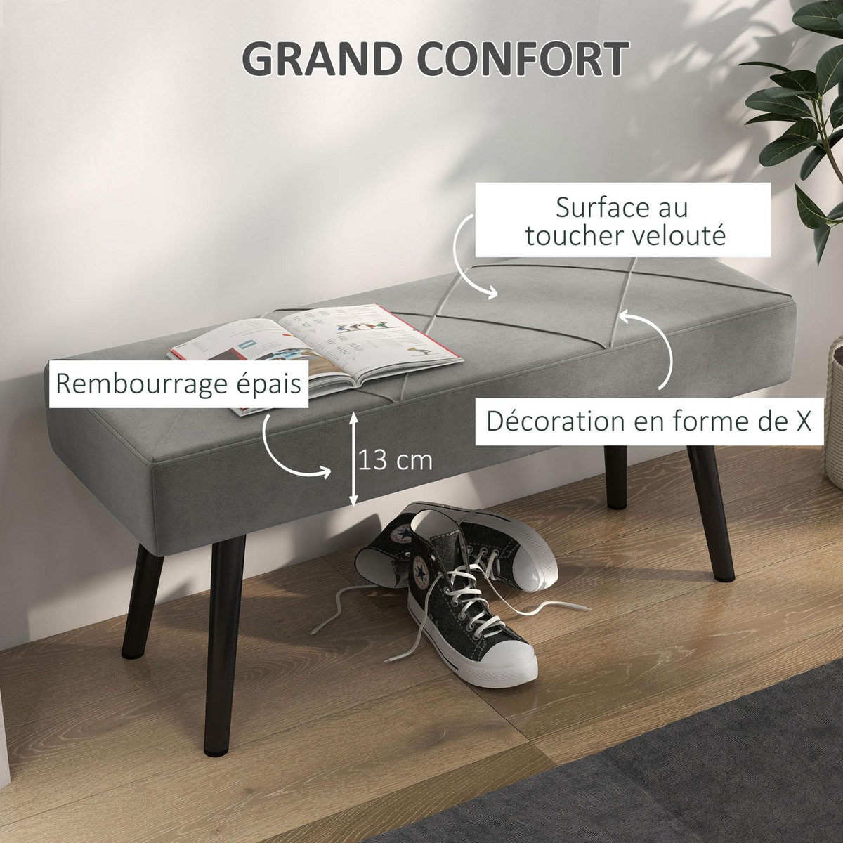 HOMCOM Banquette bout de lit design contemporain noir gris
