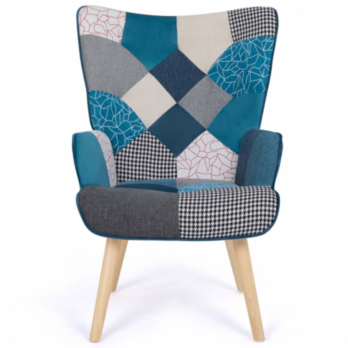 ID MARKET Fauteuil scandinave IVAR avec repose pieds en tissu patchwork et velours bleu