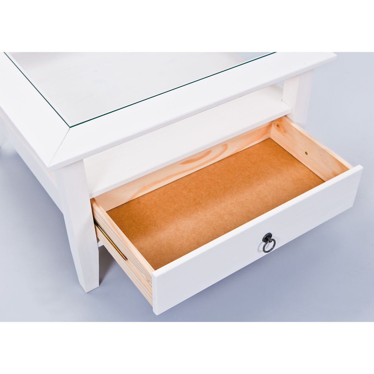 Table basse carrée en bois massif 1 tiroir plateau verre L75cm CASSIS