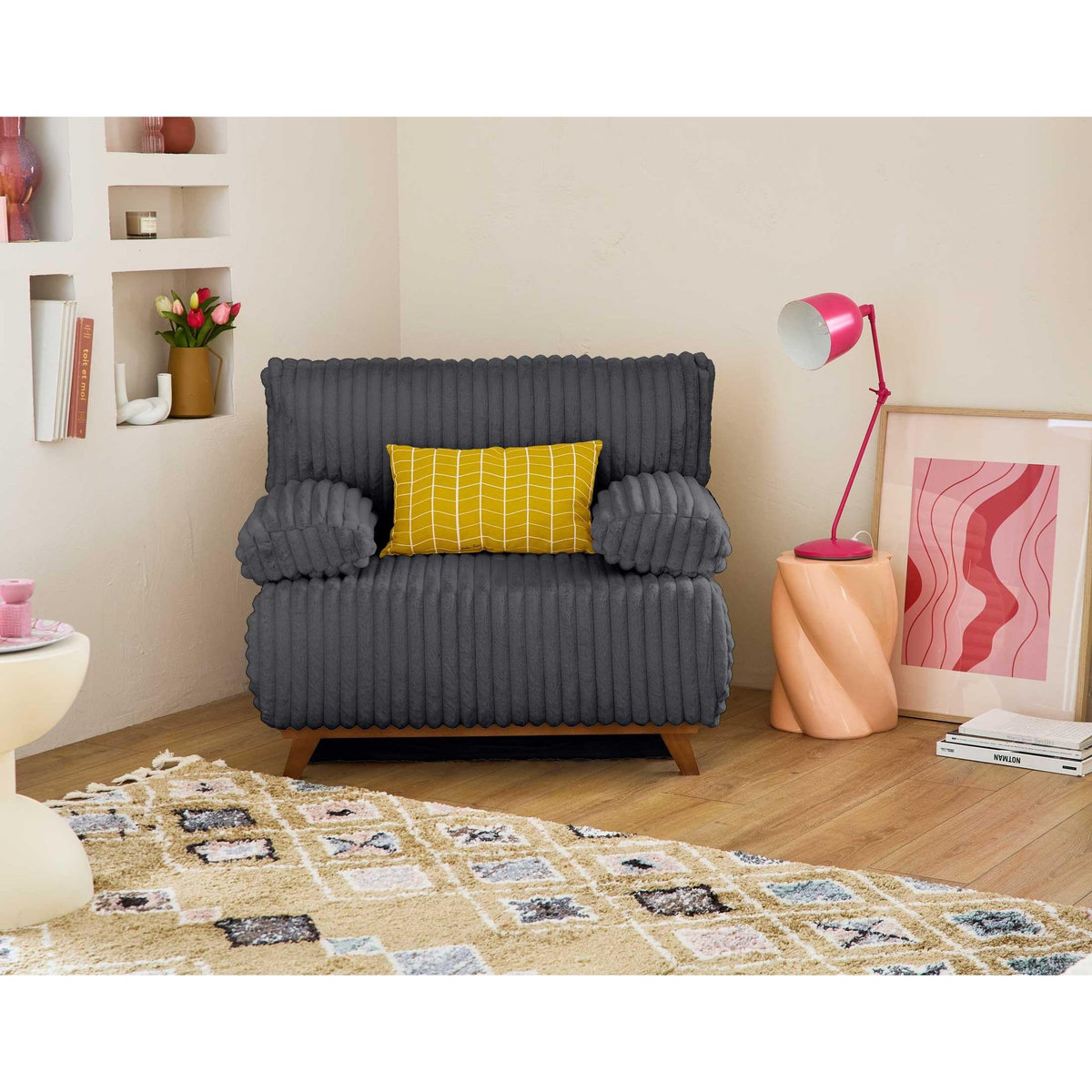 BEST MOBILIER Cristal - fauteuil - convertible avec coffre - en fausse fourrure côtelée