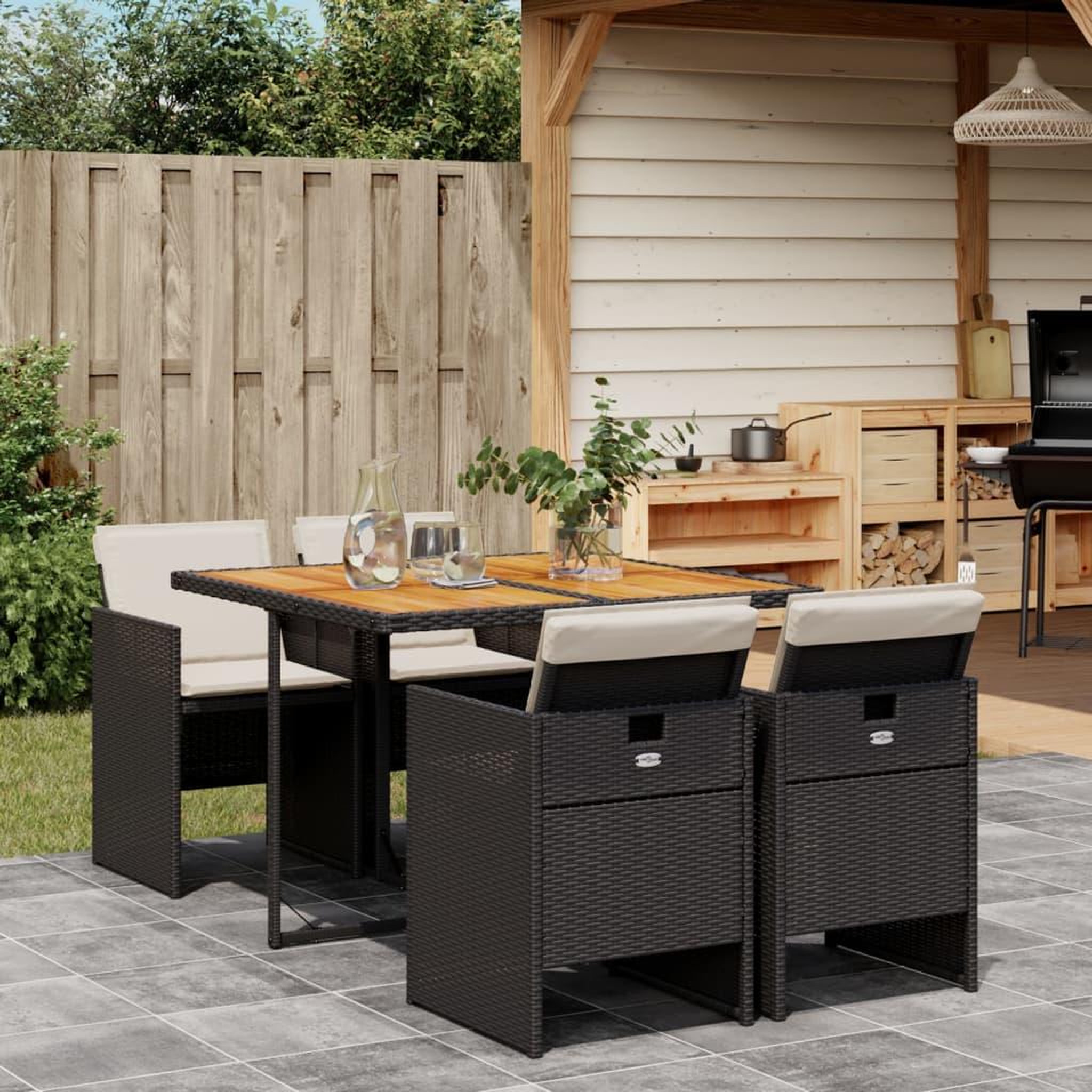 VIDAXL Ensemble a manger de jardin coussins 5pcs Noir Resine tressee