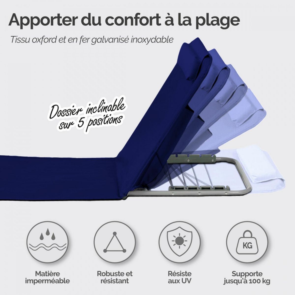 LINXOR Matelas, transat, tapis de plage avec dossier inclinable et sac de transport