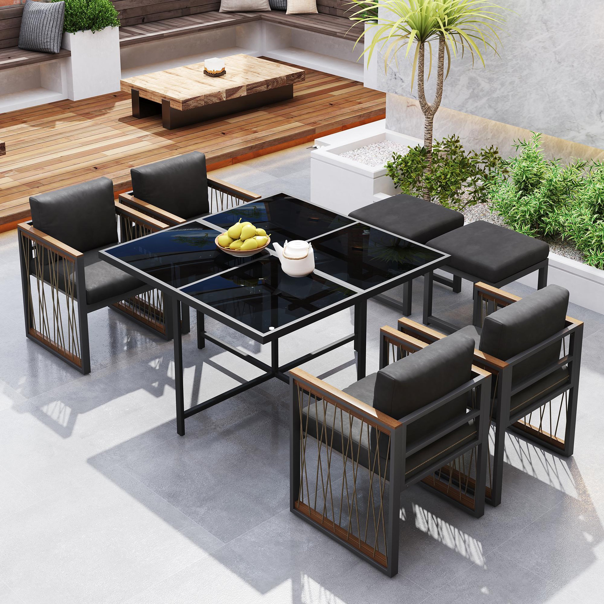 Voir la diapositive 5 : MERAX Salon de jardin 6 places avec table carrée, 4 fauteuils et 2 poufs