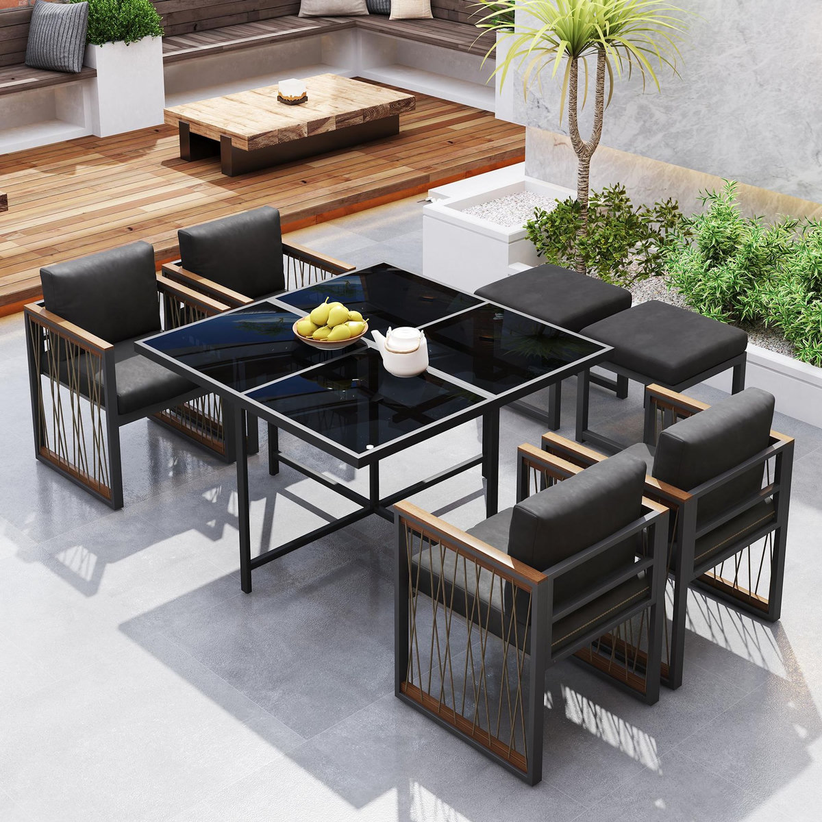 MERAX Salon de jardin 6 places avec table carrée, 4 fauteuils et 2 poufs