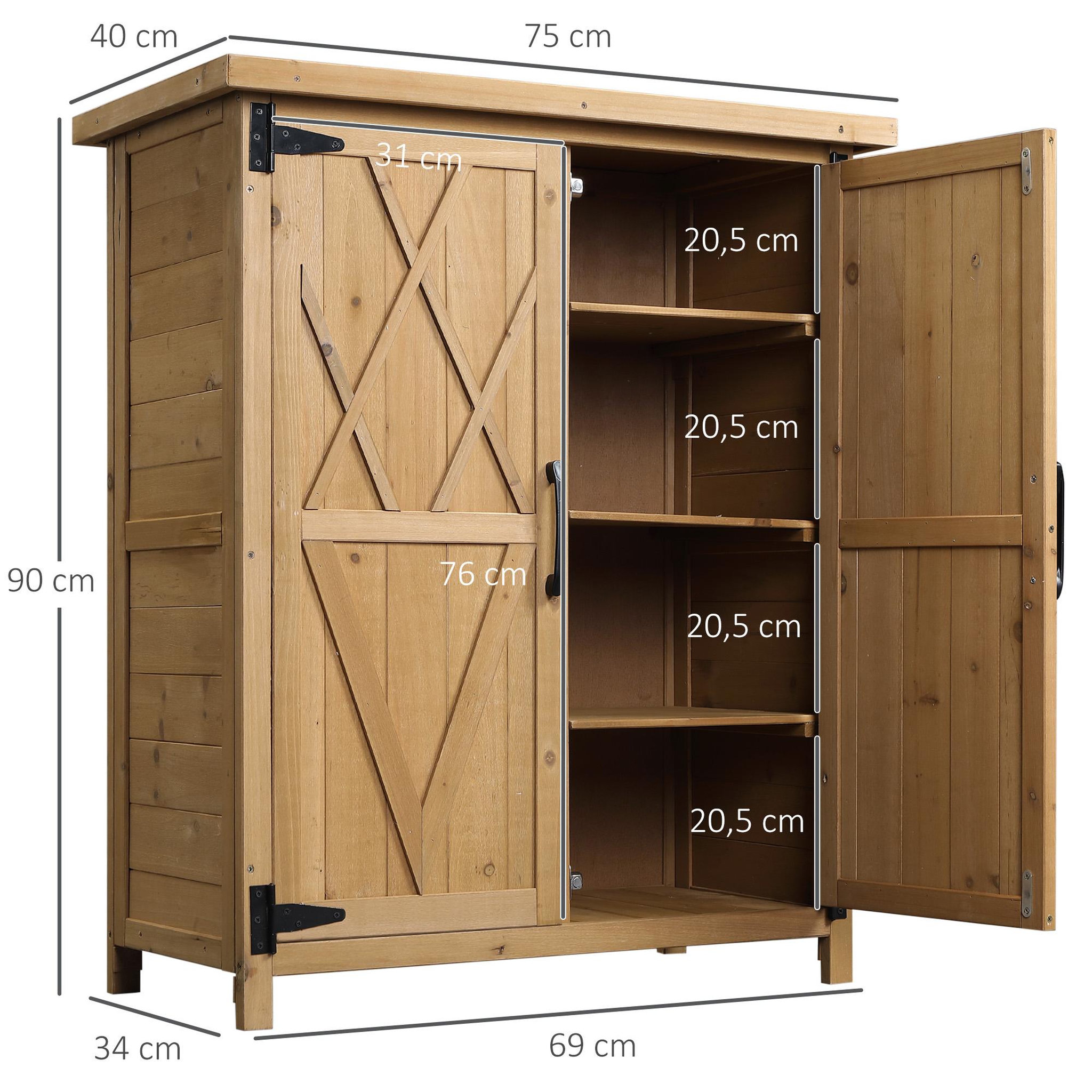 Voir la diapositive 3 : OUTSUNNY Abri de jardin armoire de jardin remise pour outils sur pied dim. 75L x 40l x 90H cm 3 étagères 2 portes toit tôle bois sapin pré-huilé