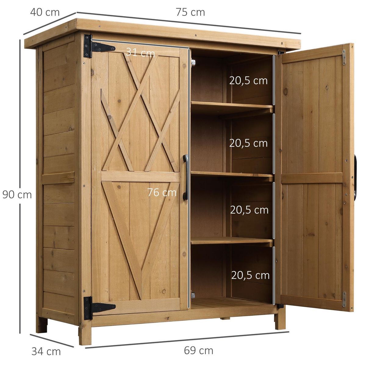 OUTSUNNY Abri de jardin armoire de jardin remise pour outils sur pied dim. 75L x 40l x 90H cm 3 étagères 2 portes toit tôle bois sapin pré-huilé