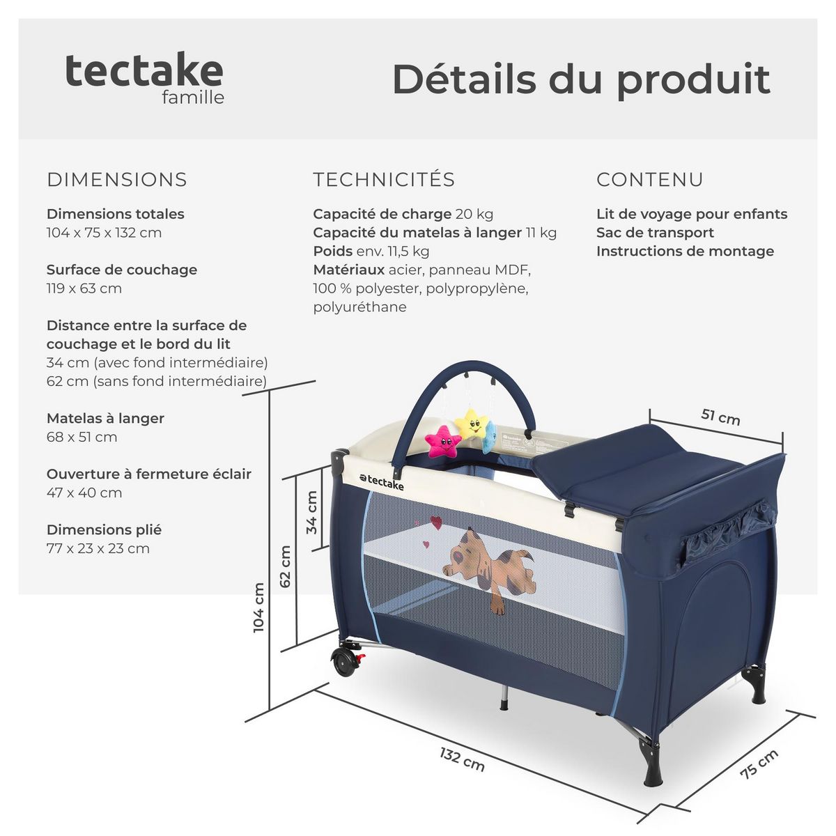 tectake Lit de voyage pour enfants peu encombrant pliable et réglable en hauteur bleu