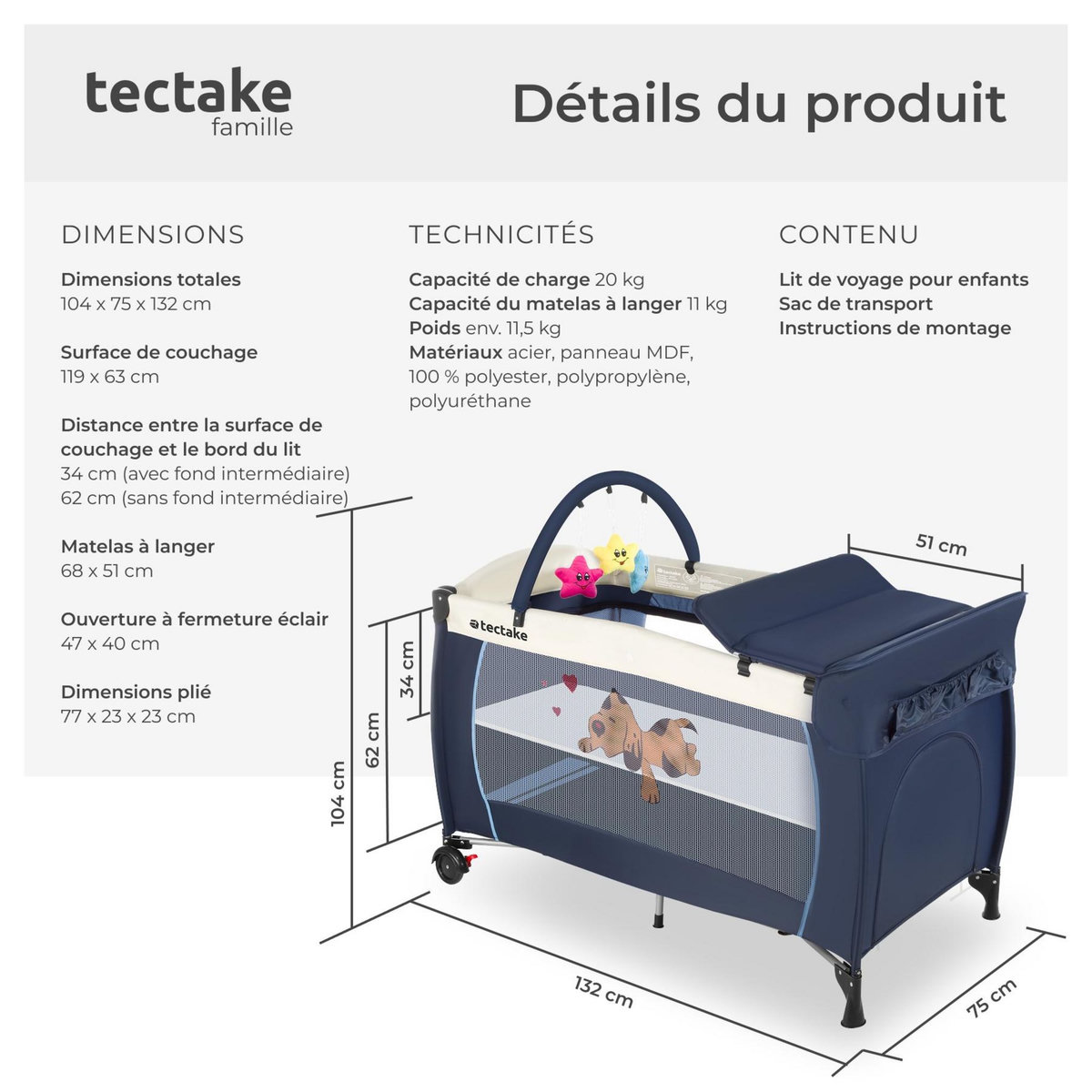tectake Lit de voyage pour enfants peu encombrant pliable et réglable en hauteur bleu