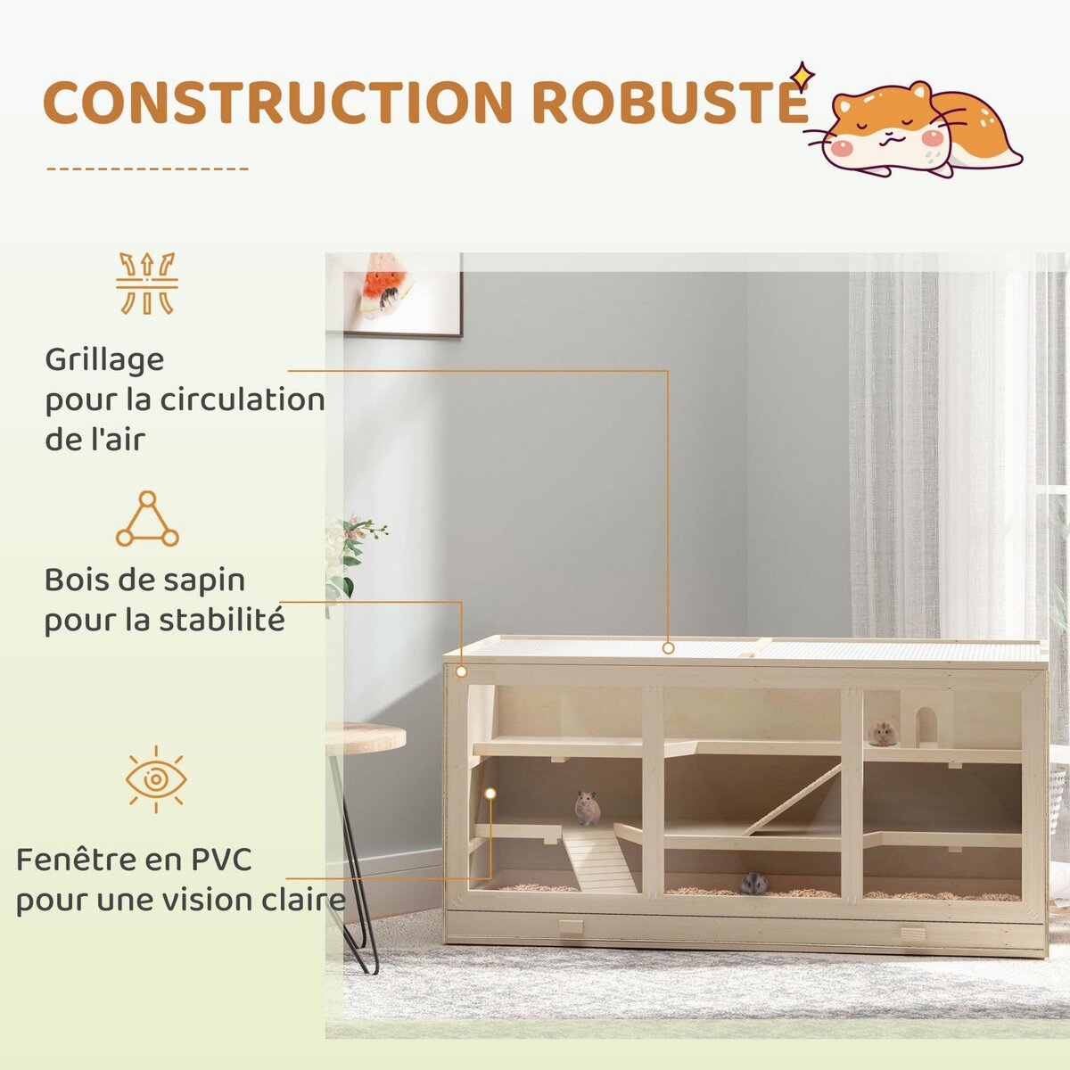 PAWHUT Cage pour hamster 2 étages dim. 115x57x55cm toit ouvrable fenêtres cabane 2 échelles plateau déjection bois