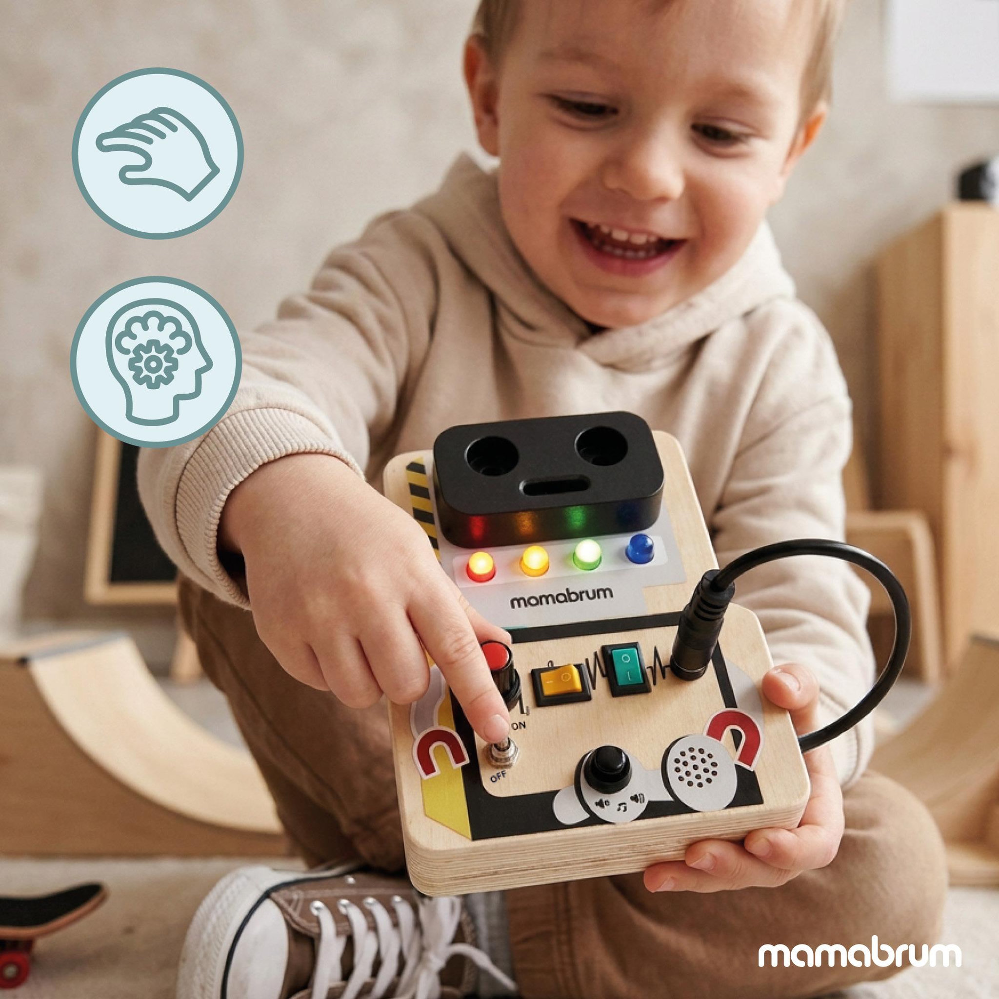 Voir la diapositive 5 : MAMABRUM Tableau Activites Robot Bois Mamabrum Boutons LED Interrupteurs Câble 3 Ans+