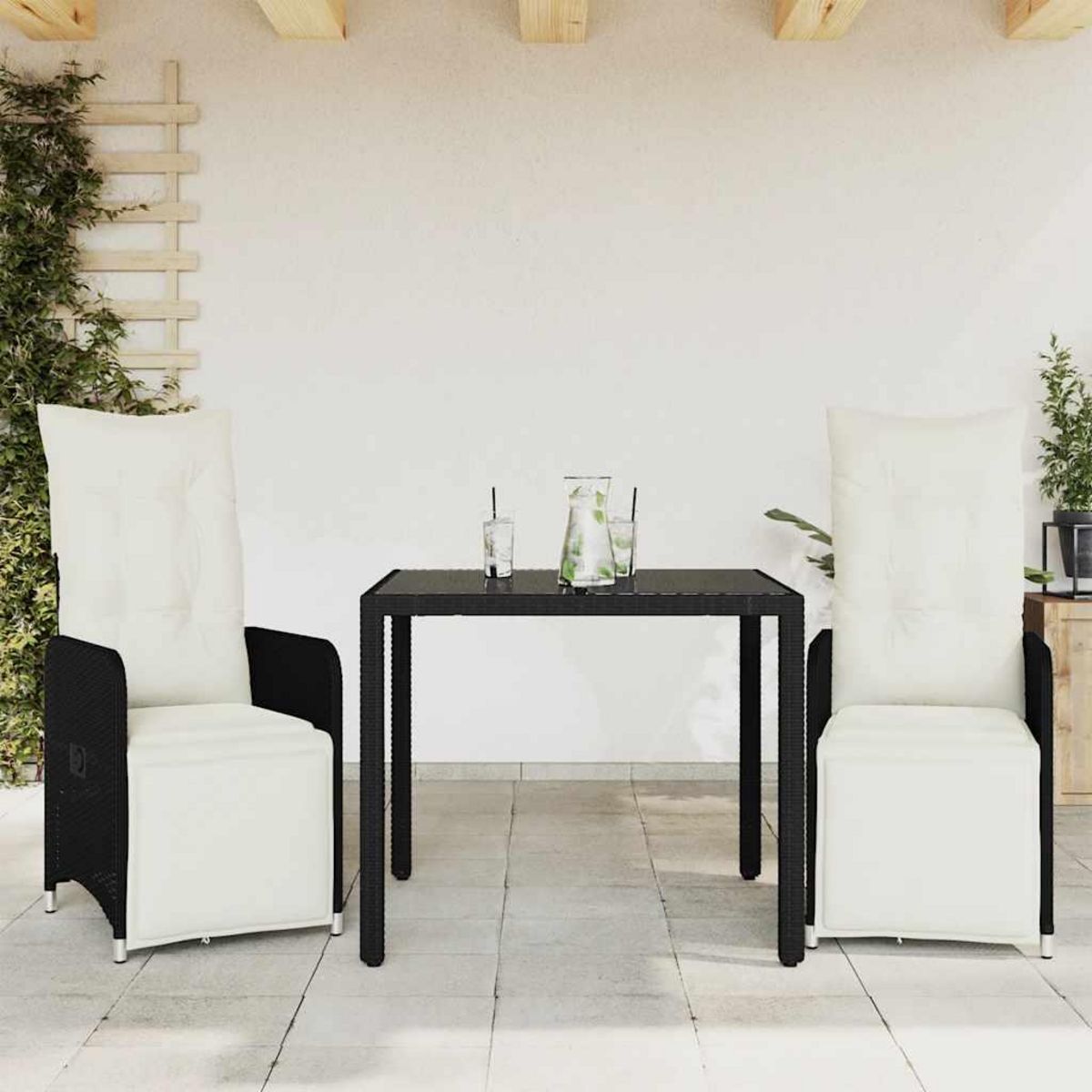 VIDAXL Ensemble de bistro de jardin 3 pcs coussins noir poly rotin