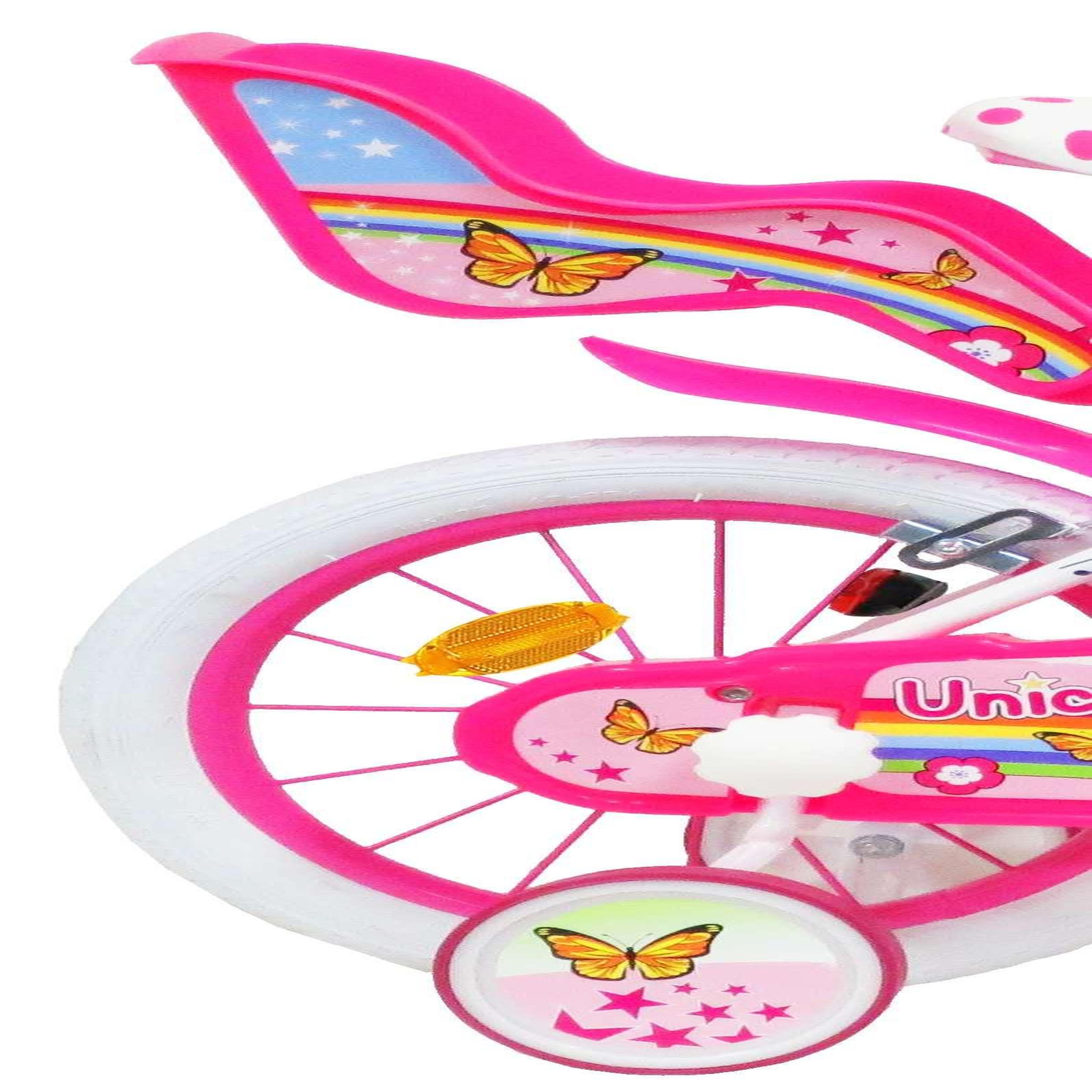 Voir la diapositive 2 : Vélo enfant - Modèle 14'' Fille Licorne / Unicorn pour enfant de 95/110 cm avec stabilisateurs - Panier avant - Porte poupée arrière - 2 freins