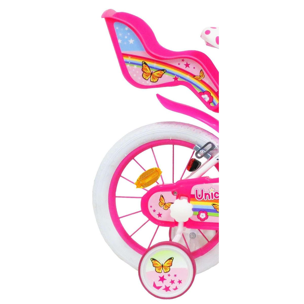 Vélo enfant - Modèle 14'' Fille Licorne / Unicorn pour enfant de 95/110 cm avec stabilisateurs - Panier avant - Porte poupée arrière - 2 freins