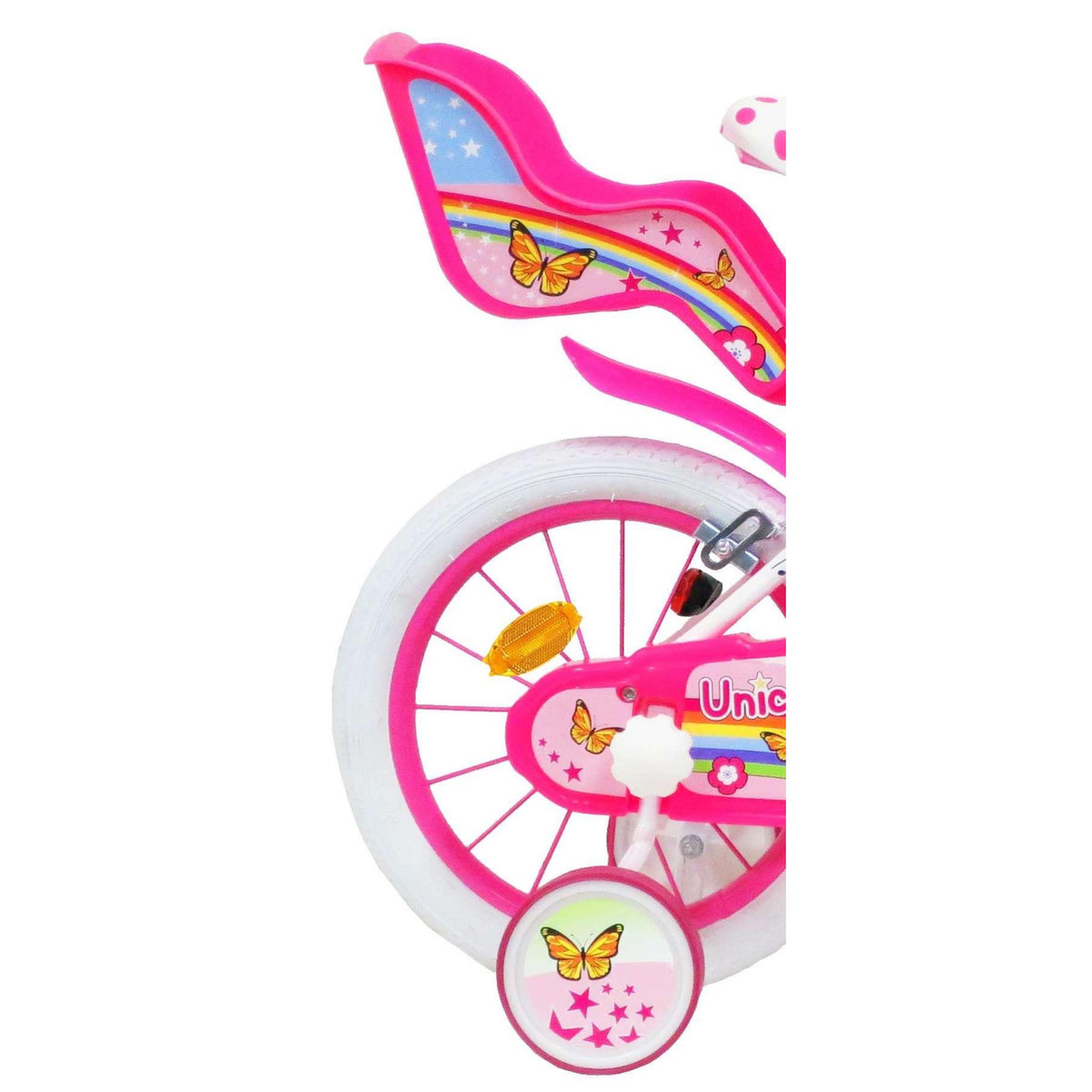 Vélo enfant - Modèle 14'' Fille Licorne / Unicorn pour enfant de 95/110 cm avec stabilisateurs - Panier avant - Porte poupée arrière - 2 freins