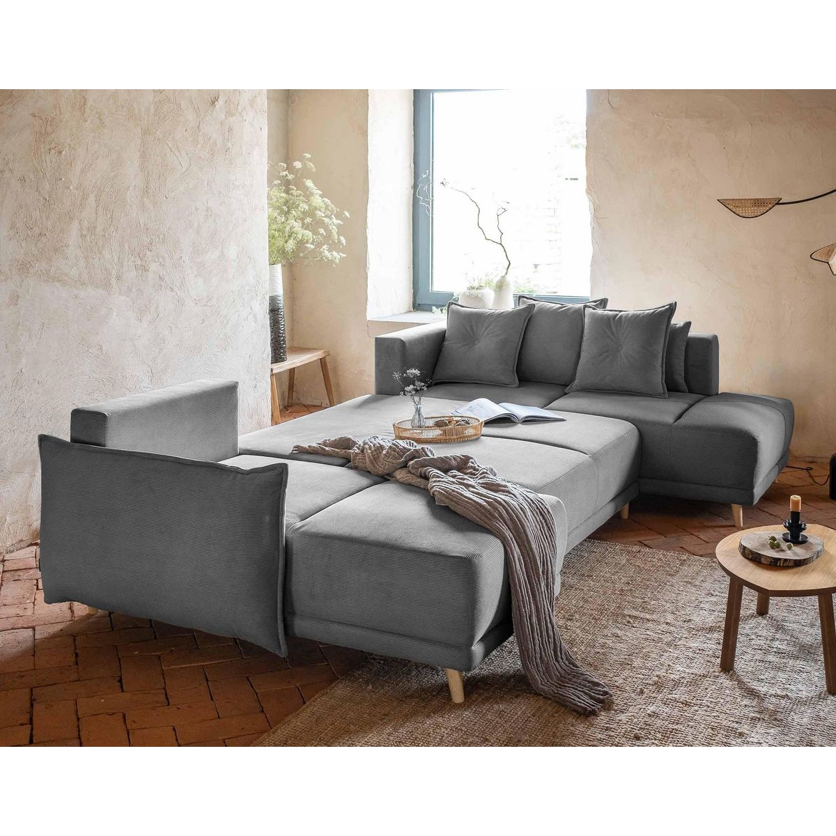 BEST MOBILIER Lena - canapé panoramique d'angle droit 7 places - convertible avec coffre - en velours côtelé