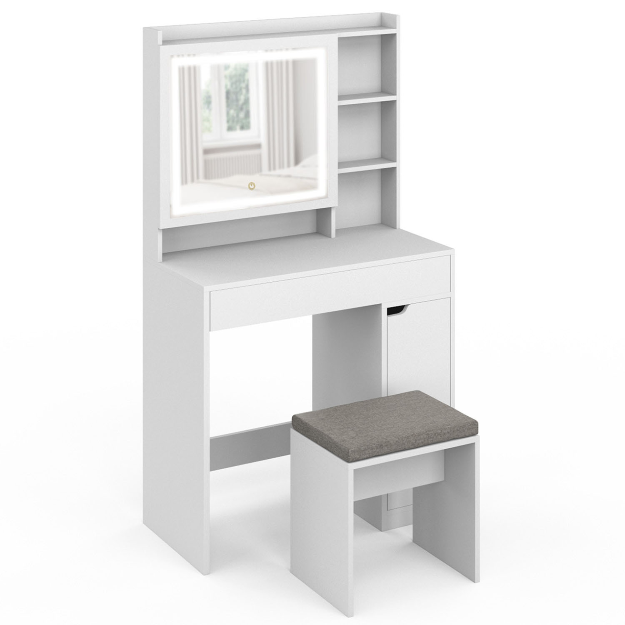 ID MARKET Coiffeuse zelia blanche miroir led avec rangement, 1 tiroir, 1 caisson de rangement et tabouret rembourré