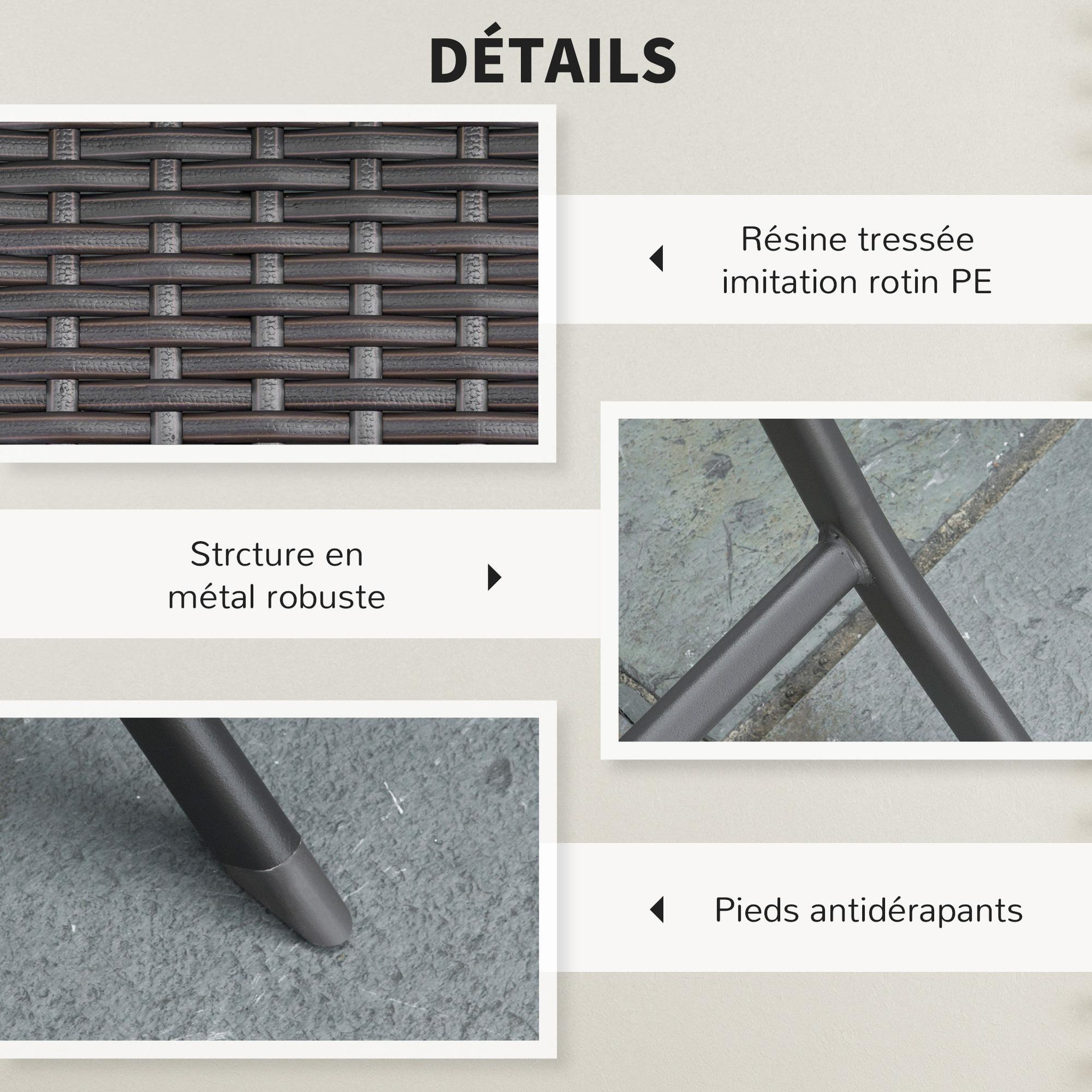 Voir la diapositive 4 : OUTSUNNY Ensemble meubles de jardin design table carré et chaises pliables résine tressée 4 fils métal noir
