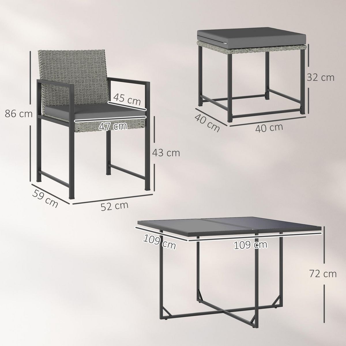 OUTSUNNY Ensemble salon de jardin 8 places 9 pièces - 4 fauteuils, 4 tabourets, table à manger - acier résine tressée gris