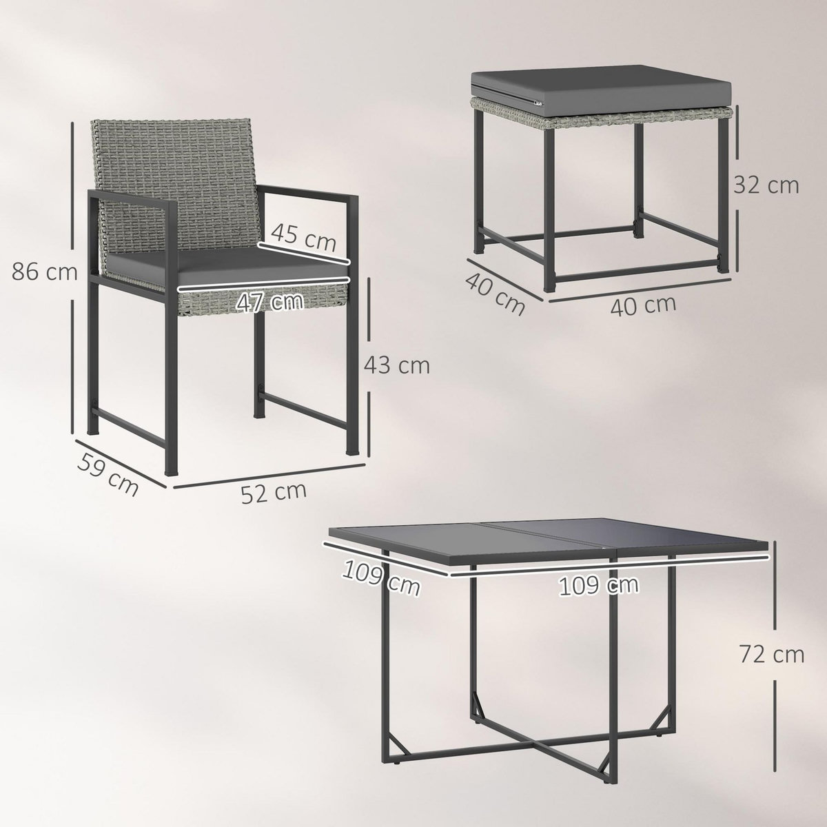 OUTSUNNY Ensemble salon de jardin 8 places 9 pièces - 4 fauteuils, 4 tabourets, table à manger - acier résine tressée gris