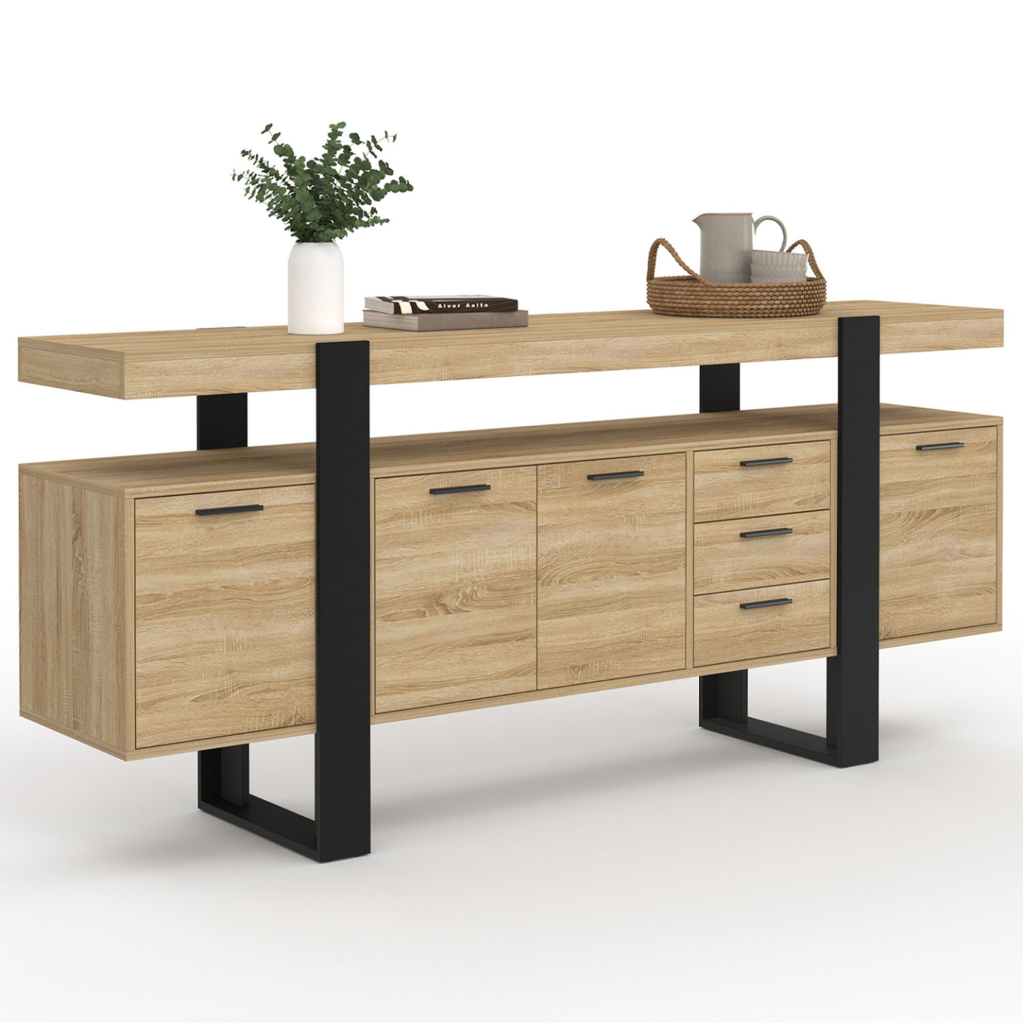 ID MARKET Buffet 180 cm phoenix xxl 4 portes avec 3 tiroirs bois et noir