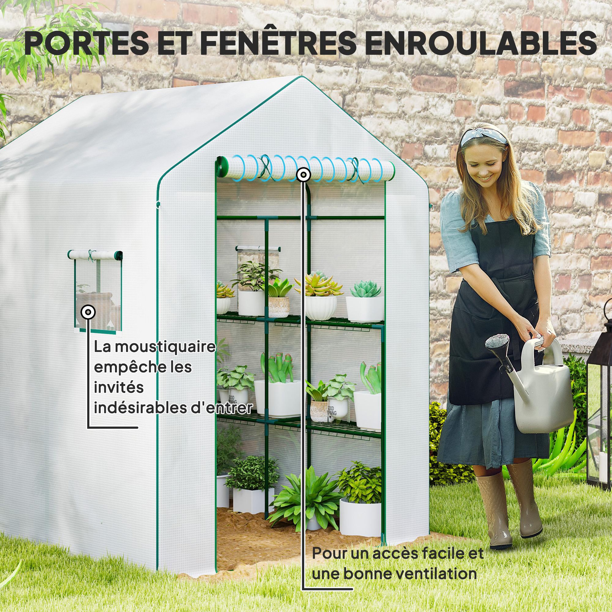 Voir la diapositive 6 : OUTSUNNY Serre de jardin 4 tablettes dim. 1,4l x 1,43l x 1,9h m porte déroulante fenêtre acier pe haute densité blanc