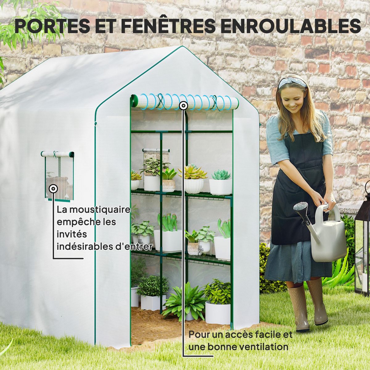 OUTSUNNY Serre de jardin 4 tablettes dim. 1,4L x 1,43l x 1,9H m porte déroulante fenêtre acier PE haute densité blanc