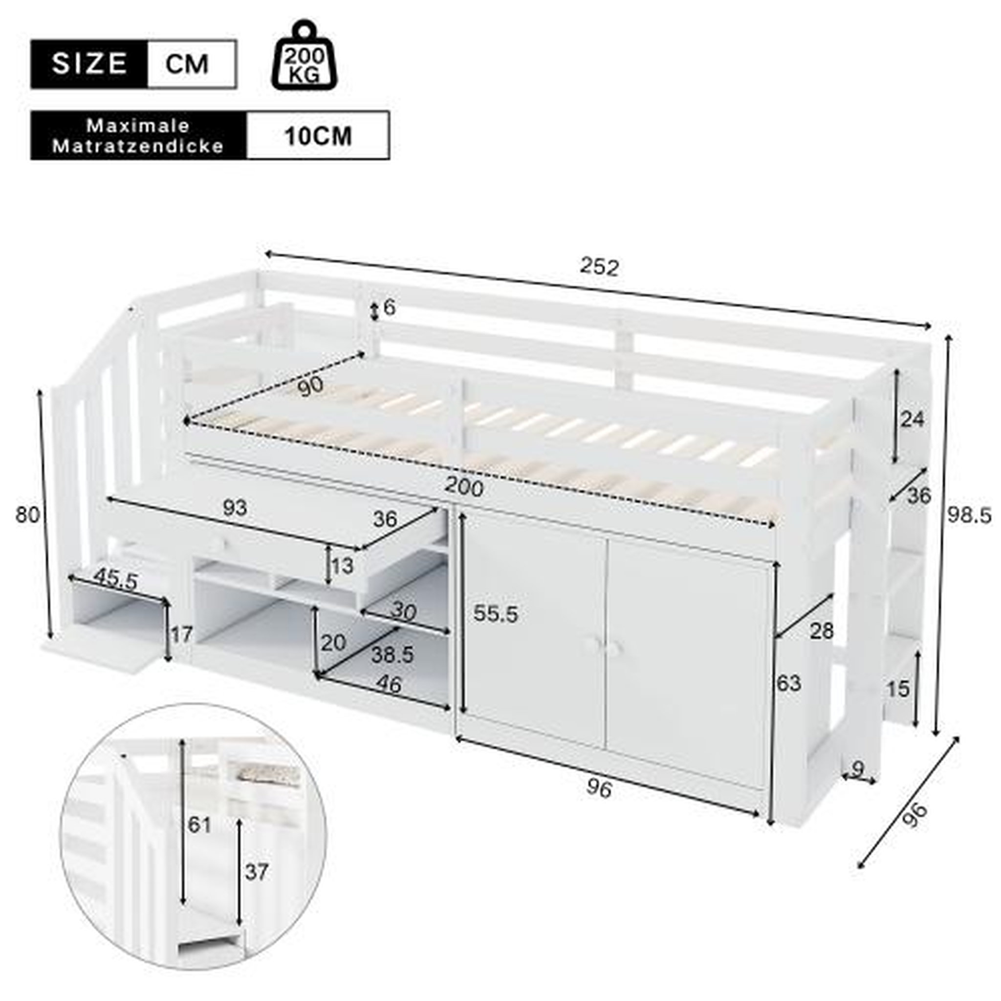 Voir la diapositive 3 : MERAX Lit enfant mi hauteur 90x200 cm coloris blanc bois massif