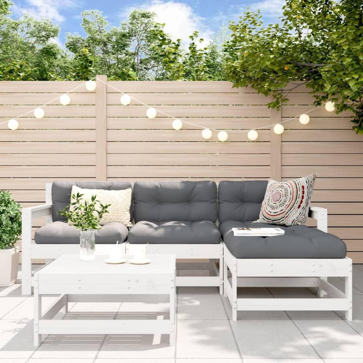 VIDAXL Salon de jardin 5 pcs avec coussins blanc bois massif