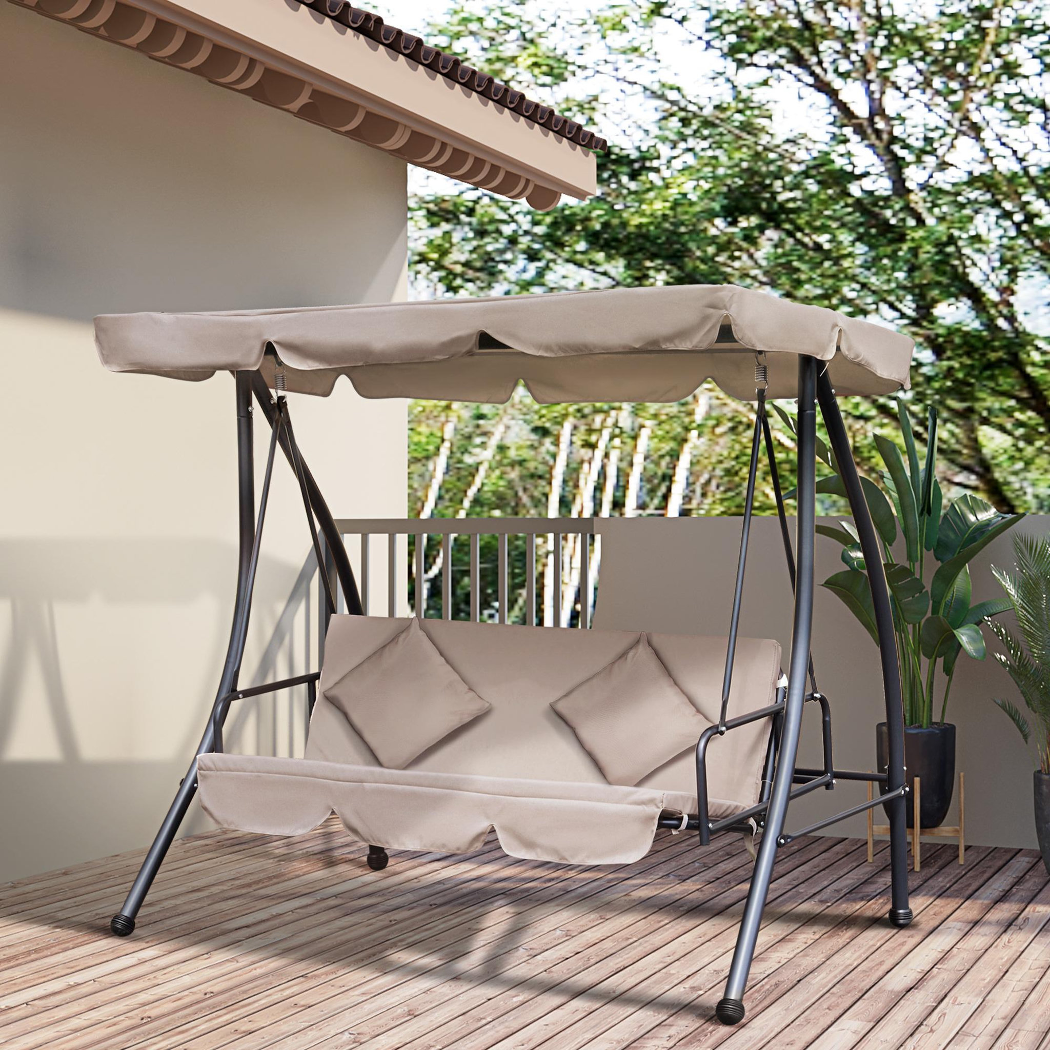 Voir la diapositive 2 : OUTSUNNY Balancelle de jardin convertible 3 places grand confort inclinaison toit réglable matelas fourni 2L x 1,25l x 1,7H m métal polyester noir et beige