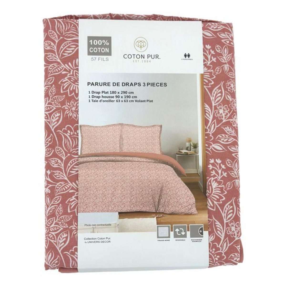 COTON PUR Parure de draps 3 pièces pour lit 90 x 190 cm Céleste pêche